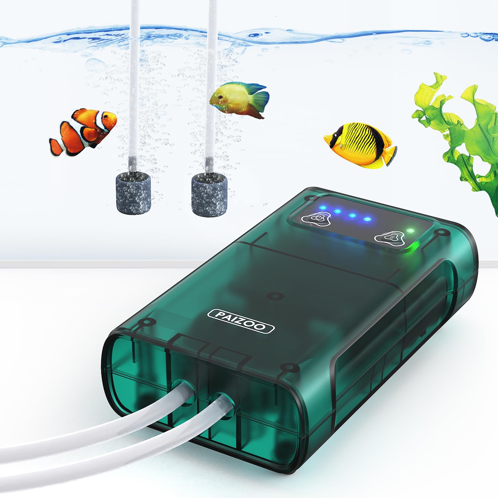 PAIZOO Aquarium Air Pump, Fish Tank Aerator Dual Outlets Battery Powered, Quiet Rechargeable Oxygen Pump with Accessories for 5-