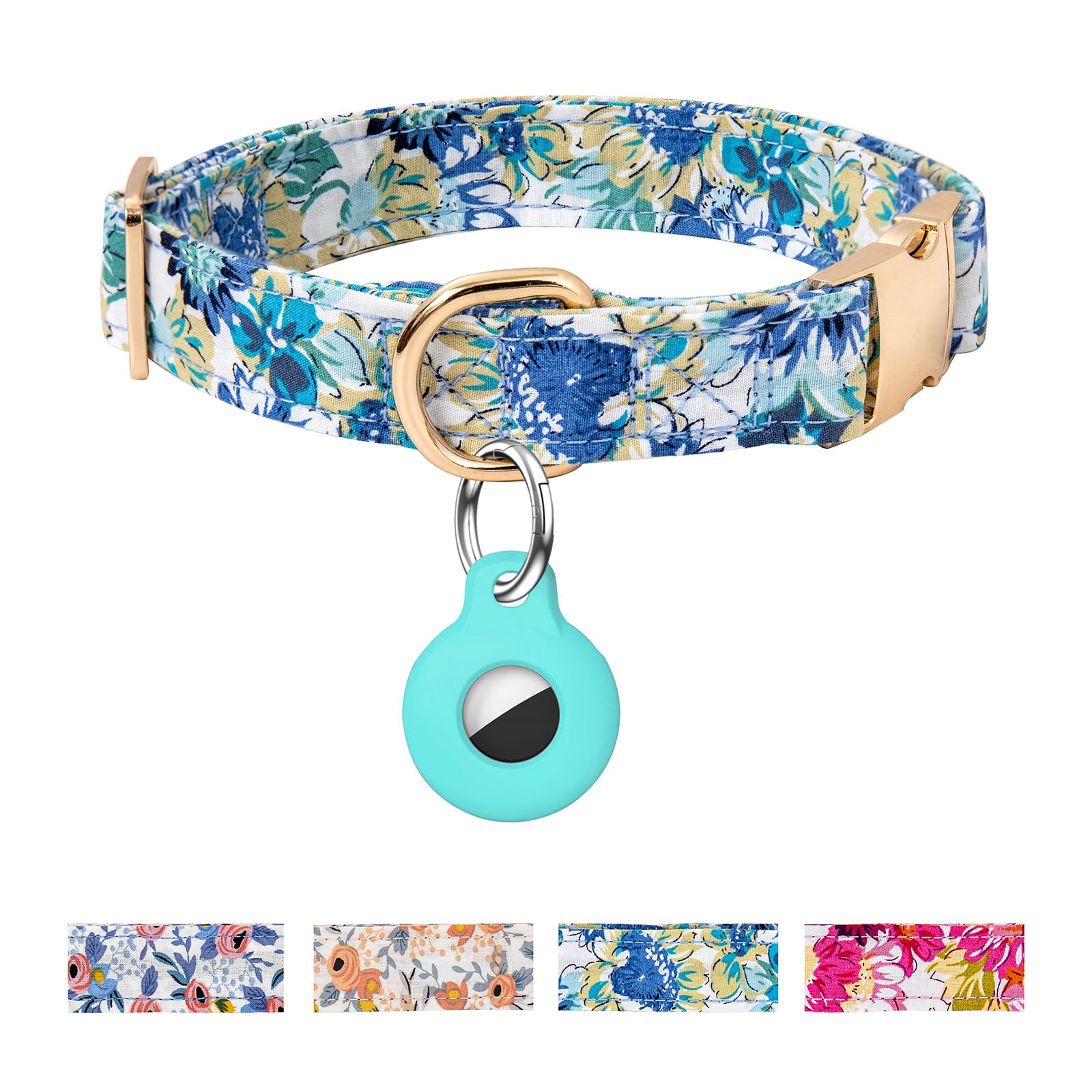 Airtag Dog Collar,Adjustable Dog Collars With Airtag Holder,Cute Puppy Collars With Metal Buckle, Soft Padded Blue Flower Patter