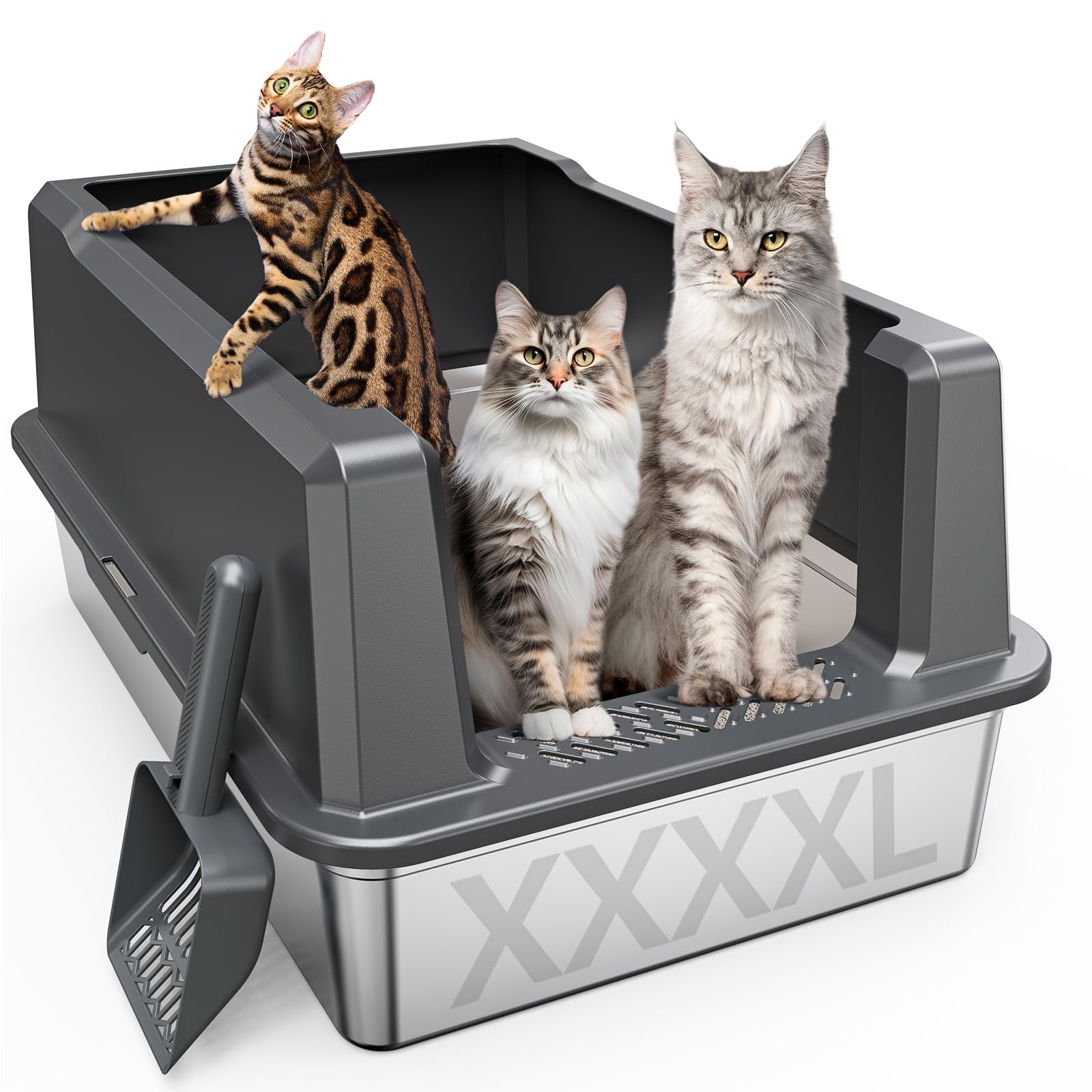 XXL Stainless Steel Cat Litter Box with High Sided, 28 L x 20 W x 14 H Extra Large Litter Box for Big Cats and Multiple Cats, En