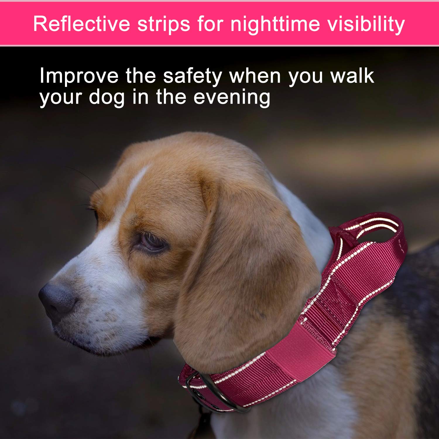 Yunleparks Reflective Dog Collar Heavy Duty Dog Collar with Control Handle and Metal Buckle for Dog Training(XL,Pink)