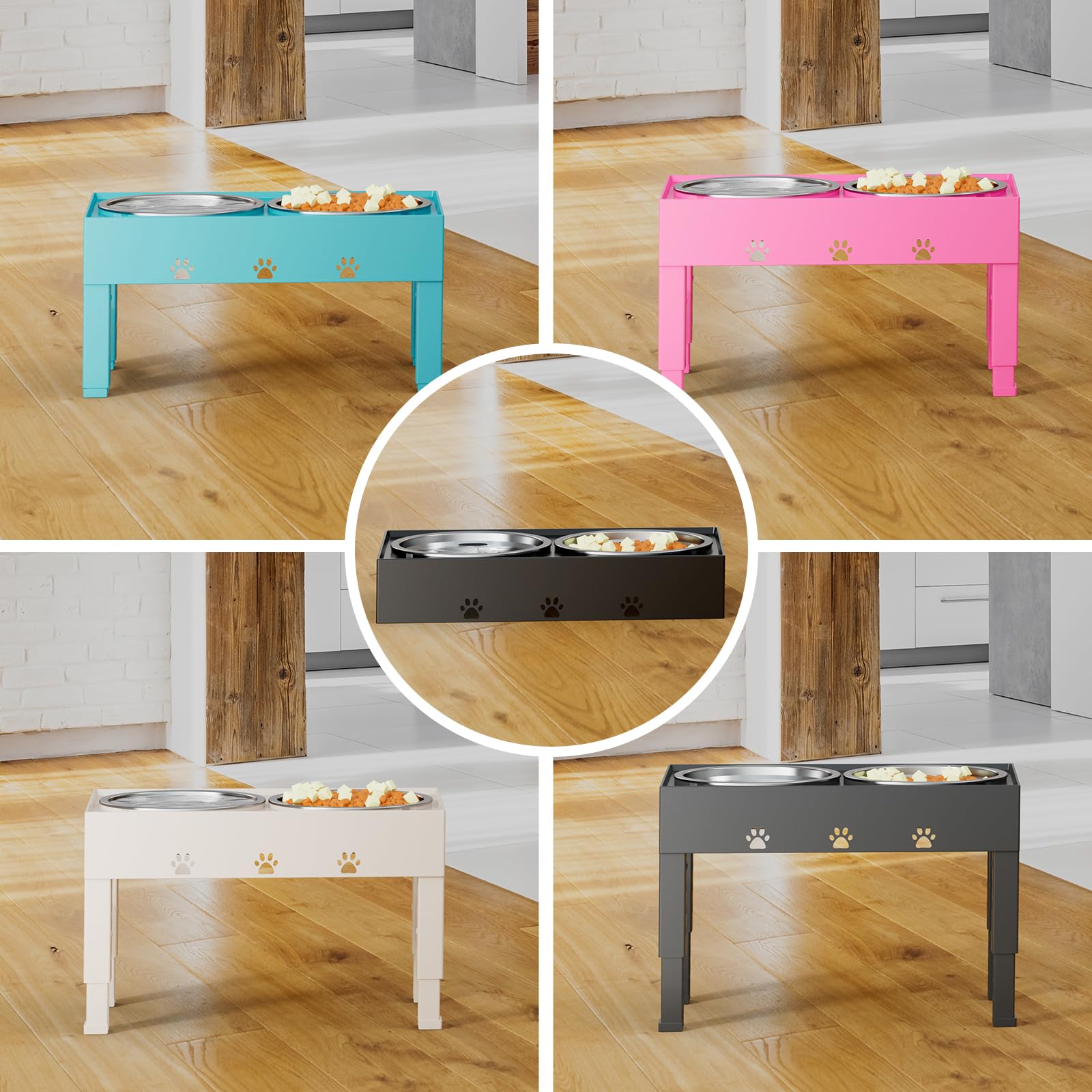 LAKIPETN Elevated Dog Bowls with 2 Stainless Steel Bowls, Raised Dog Food Bowl Stand 5 Height Adjustable (3.1 , 9 , 10 , 11 , 12