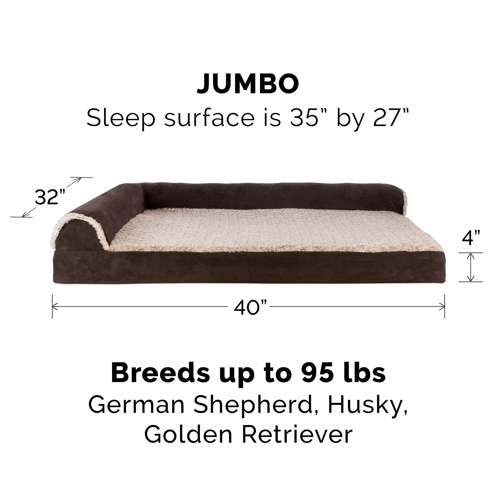 Furhaven Replacement Dog Bed Cover Two-Tone Faux Fur & Suede L Shaped Chaise, Machine Washable - Espresso, Jumbo (X-Large)