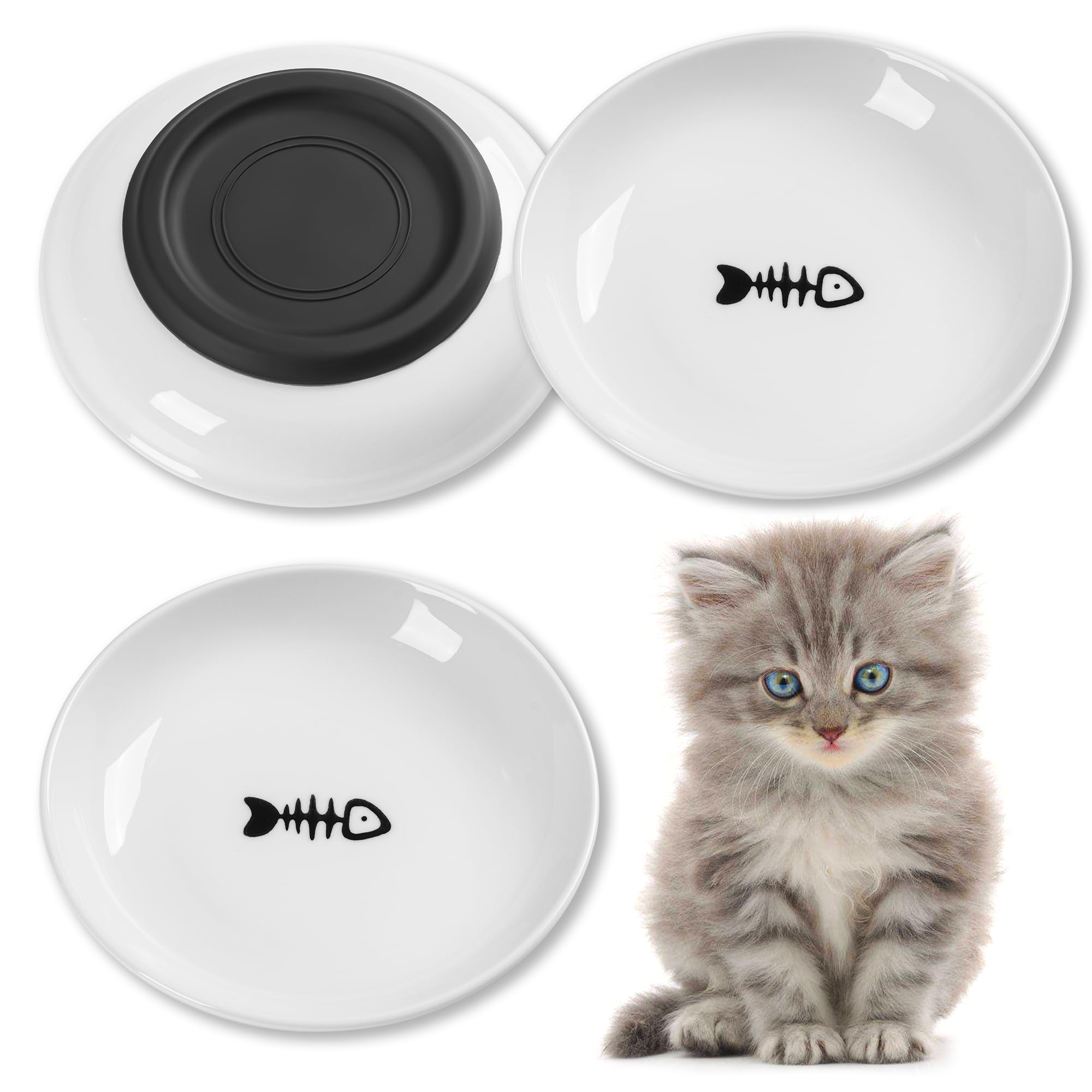 Wellbro Cat Bowls,Wide&Shallow Dishes,Whisker-Friendly Plates with Non-Slip Silicone Bottom, Healthy Pet Feeding Bowls indoor-10oz,3pack