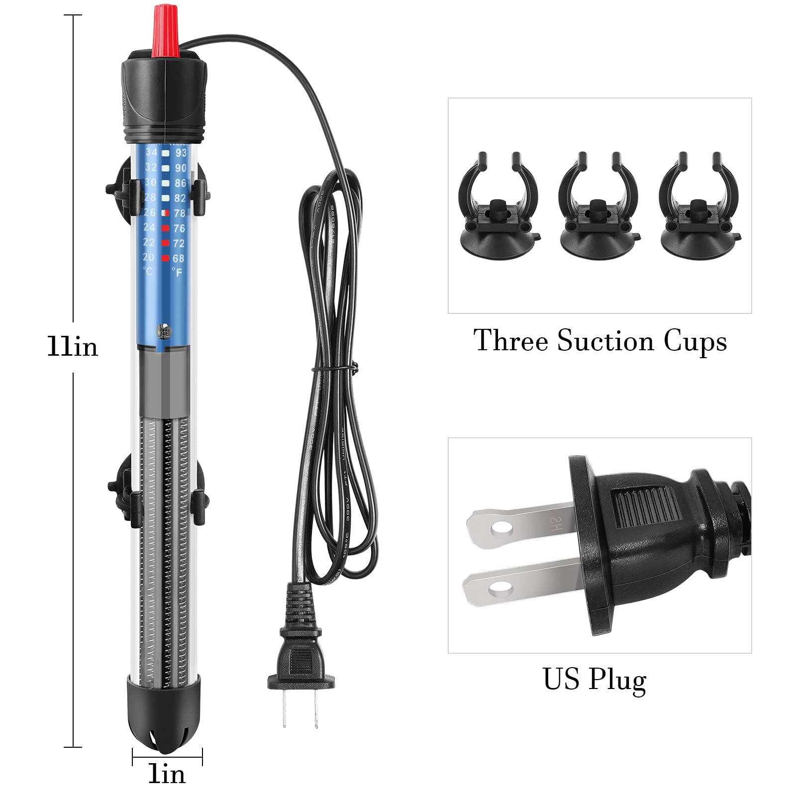 Hitop 50W/100W/300W Adjustable Aquarium Heater, Submersible Glass Water Heater For 5 - 70 Gallon Fish Tank (300W)