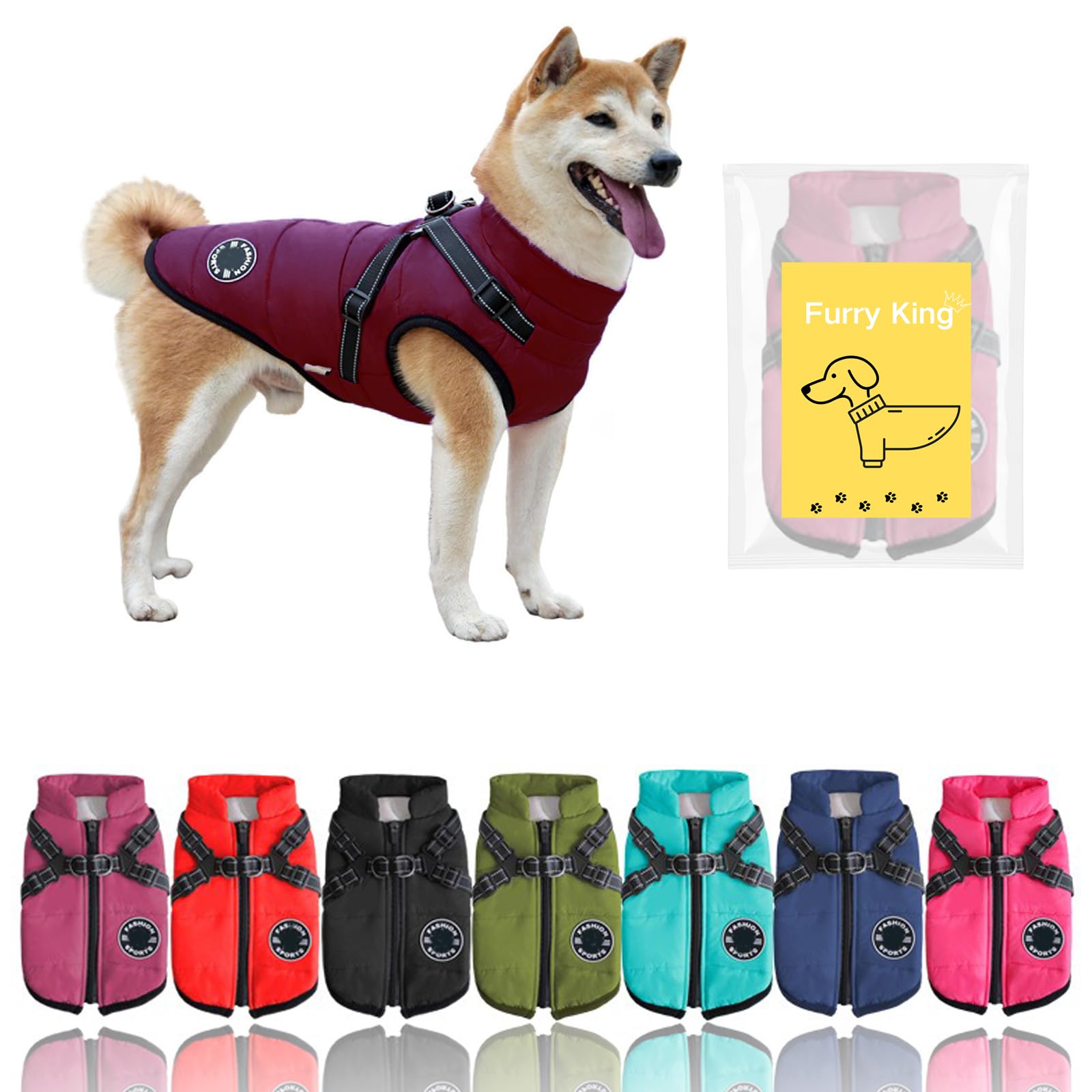 Furry King Dog Winter Coat With Harness, 7 Colors, Waterproof, Fleece Lined. (Purple, Large)