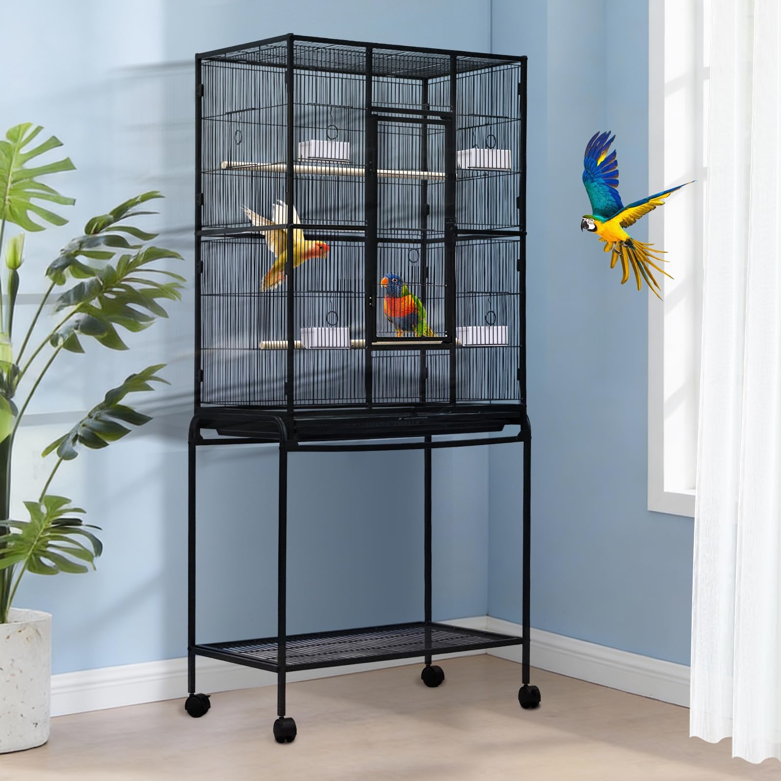 Garvee Large Bird Cage, 54 H Big Bird Cage with Stand for Parakeets Parrots Conures Lovebird Cockatiel Black
