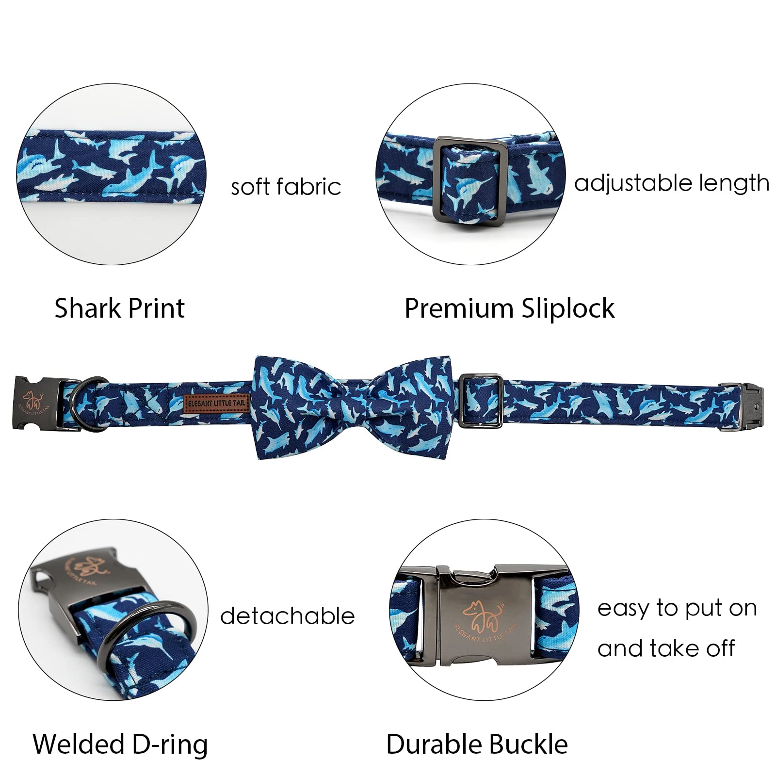 Elegant Little Tail Dog Collar With Bow, Shark Print Adjustable Dog Collar Cute Bowtie Dog Collar Boy Pet Collar For X-Large Dogs