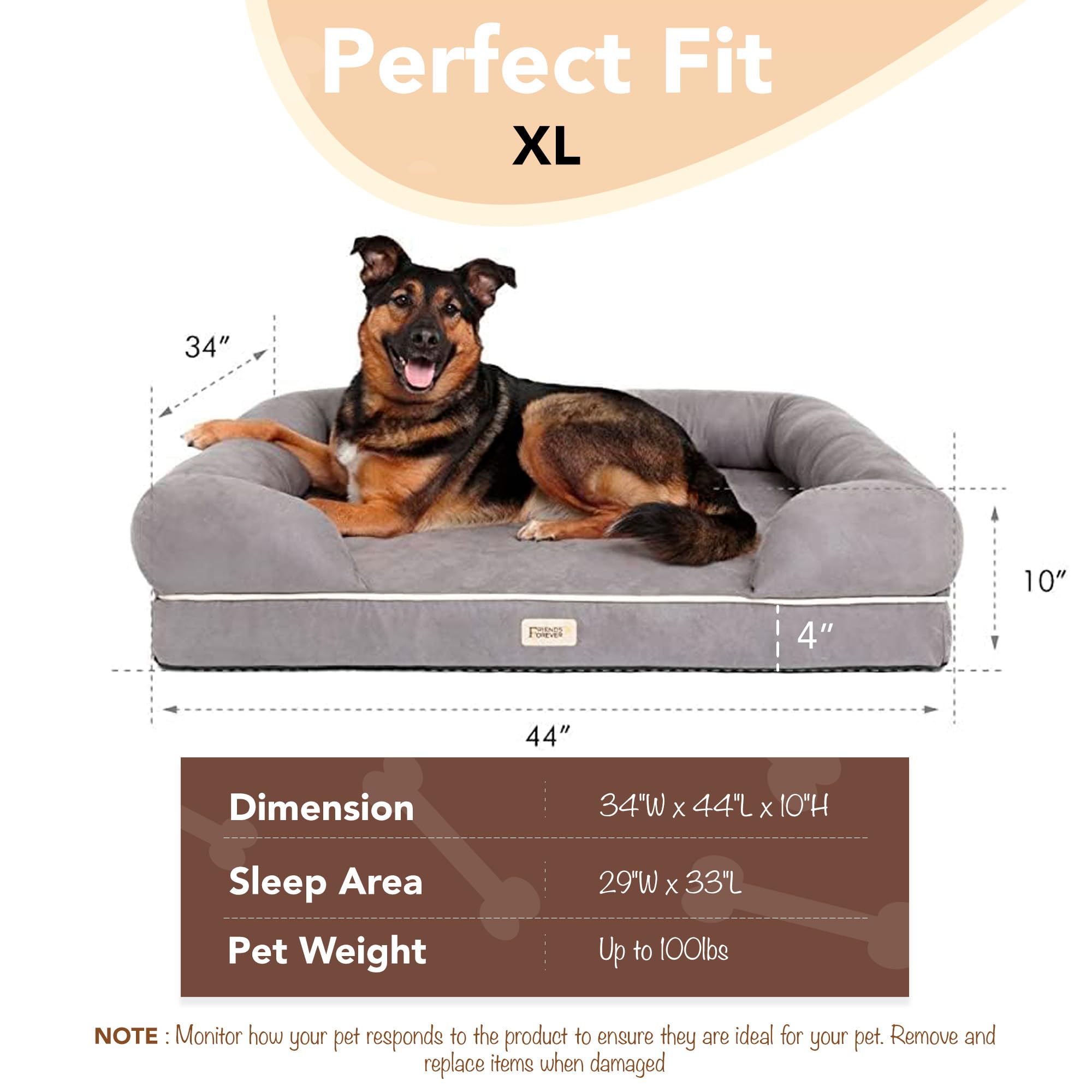 Friends Forever X-Large Dog Bed, Orthopedic Dog Sofa Memory Foam Mattress, Calming Dog Couch Bed, Wall Rim Pillow, Water Resista