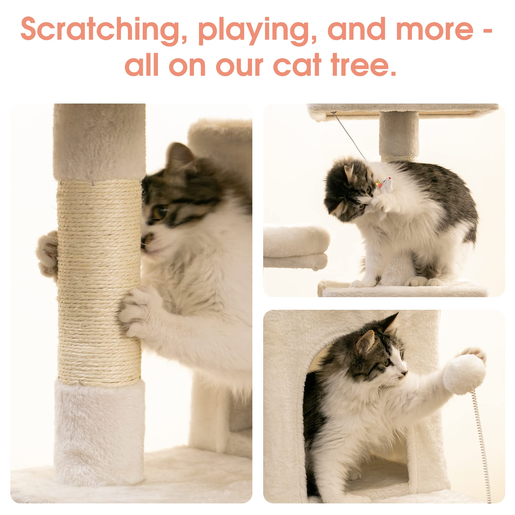 Mwpo 70.1-Inch Large Cat Tree, Multi-Level Tall Cat Tower For Indoor Cats, Plush Cat Condo With Big Padded Perches, Sisal-Covered Scratching Posts, Hammock, Toys For Kittens & Cats - Beige