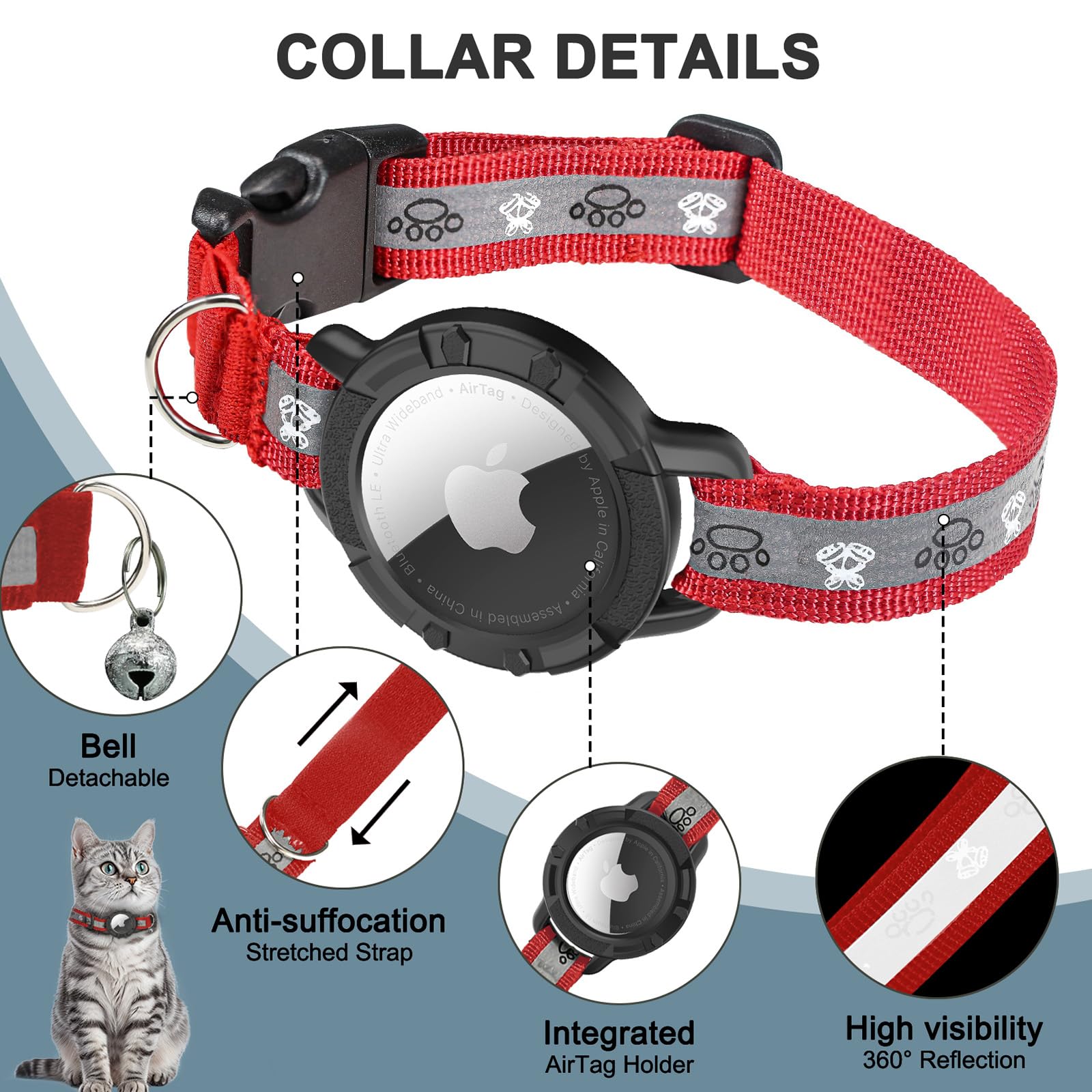 Reflective Airtag Cat Collar, Integrated Cat Tracker Collar With Air Tag Holder And Bell, Safety Elastic Band Cat Gps Collars For Girl Boy Cats, Kittens And Puppies (Red, S)