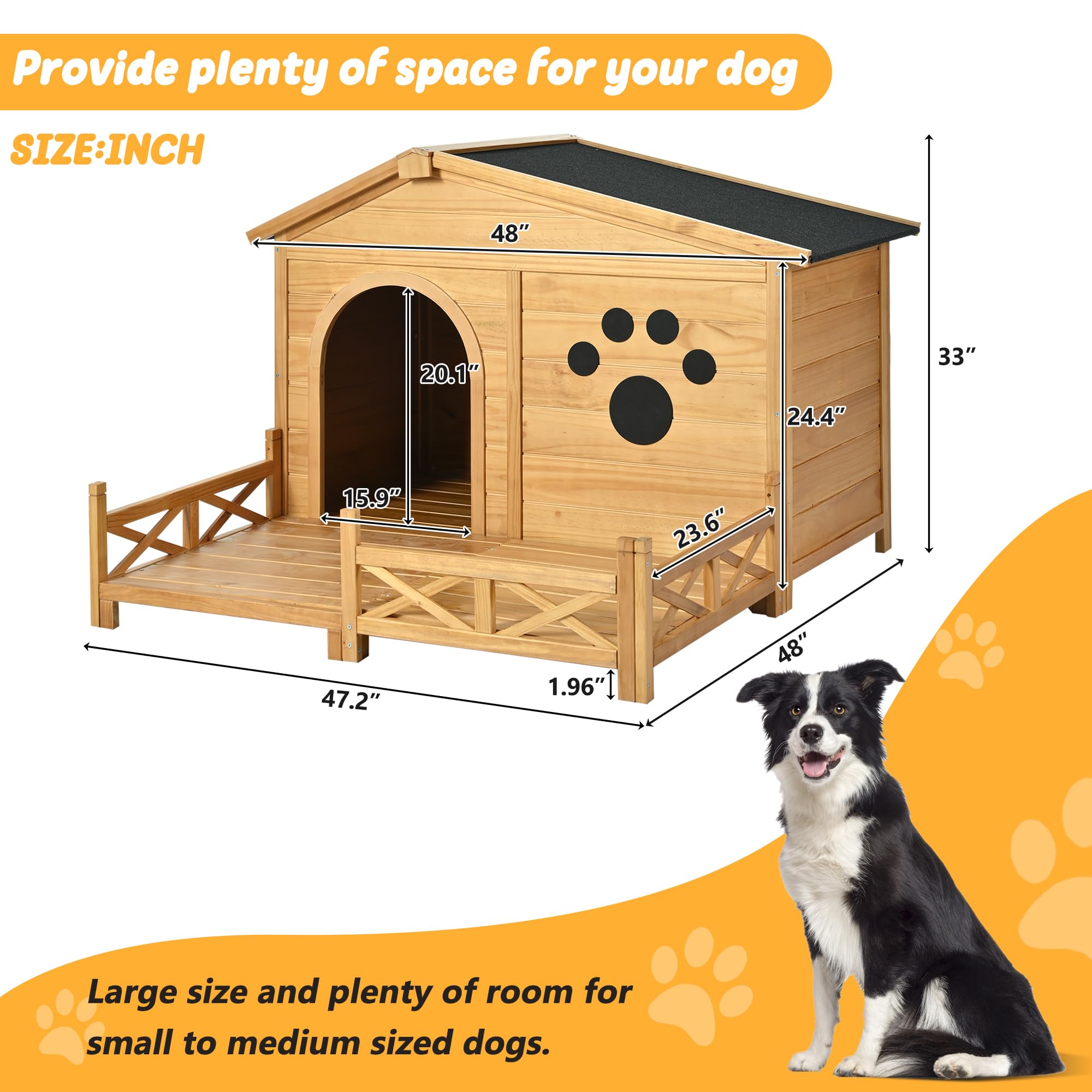 Yopto 48'' Wooden Dog House,Dog Kennel With Wide Porch,Water-Resistant Asphalt Roof And Fence,Indoor & Outdoor Dog Crate W/Paw P