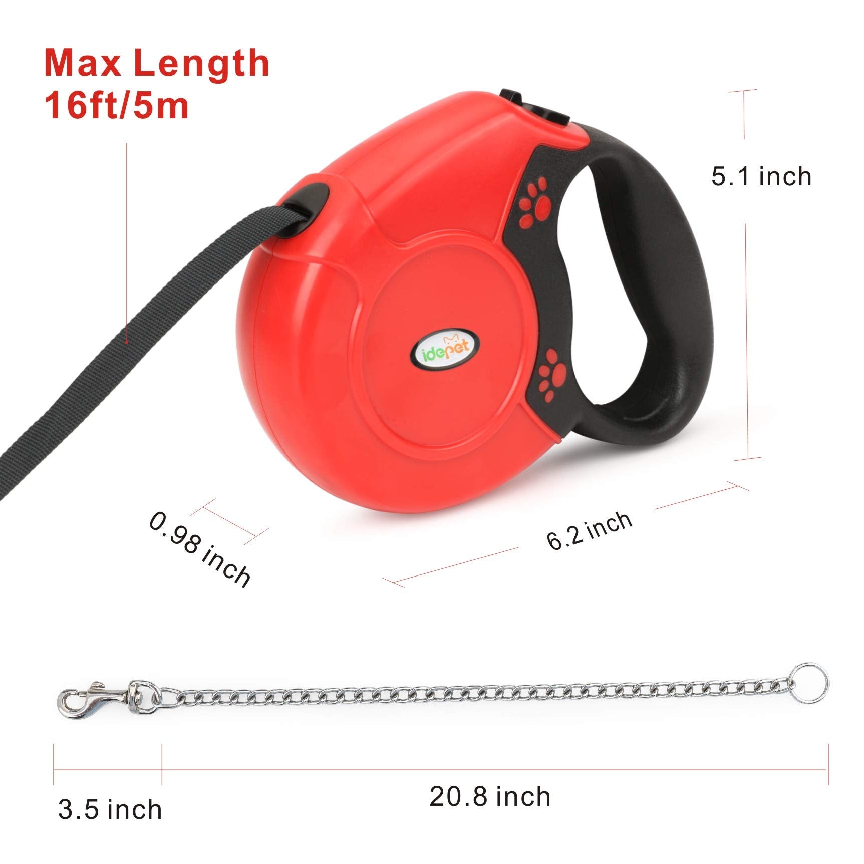 Idepet Heavy Duty Retractable Dog Leash For Small And Medium Dogs, Anti-Chewing Steel Chain 360 Degree Tangle-Free,Break And Loc