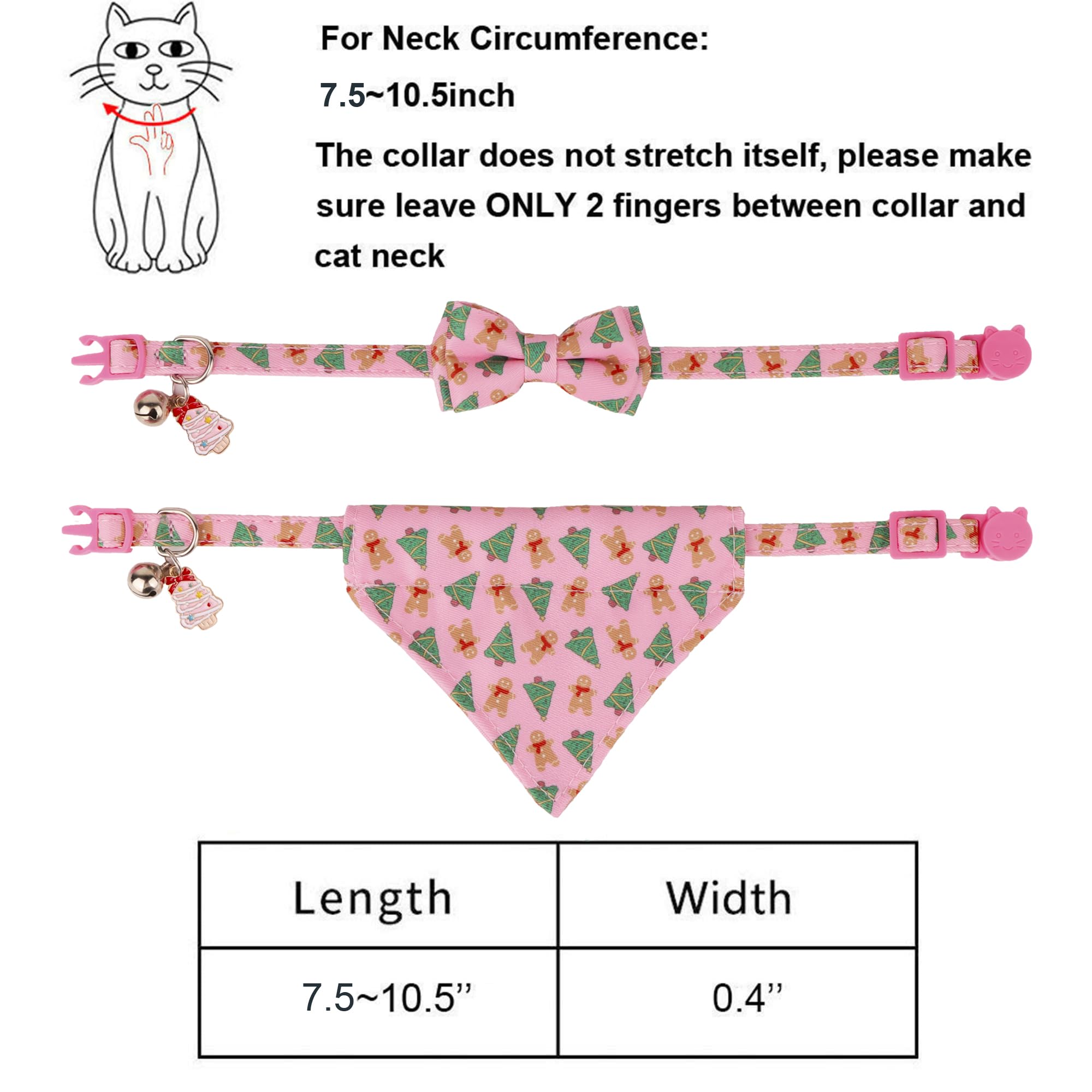 Adoggygo Pink Christmas Cat Collar With Bowtie Bandana, Kitten Bandana Collar, Pet Christmas Collars