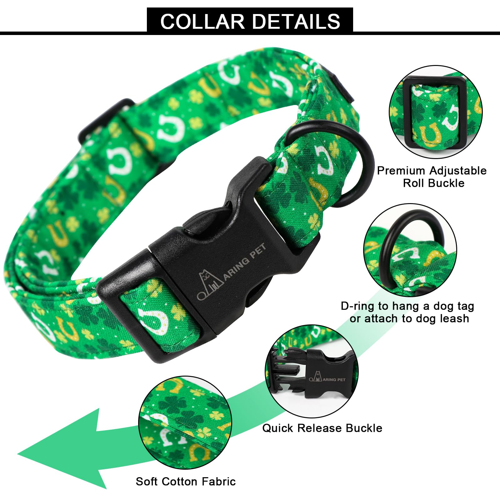 Aring Pet St Patrick'S Day Dog Collar-Cotton Clovers Dog Collar, Adjustable Shamrock Pet Collar Trefoil Puppy Collars With Quick