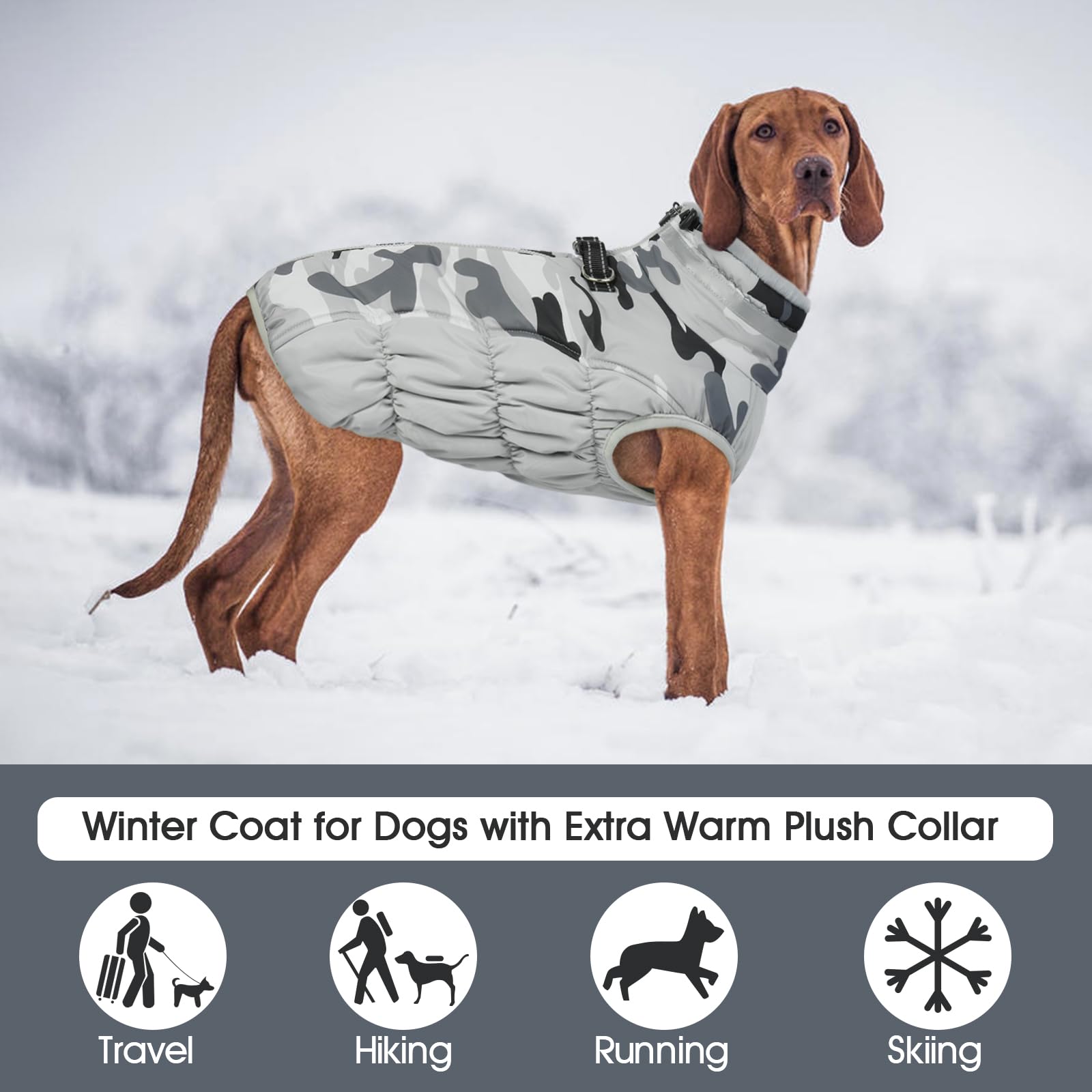 FUAMEY Dog Coat Waterproof Winter Jacket, Large Grey Camo, Fleece, Reflective, Built-in Harness, Model C111-FUAMEY-126MF-11