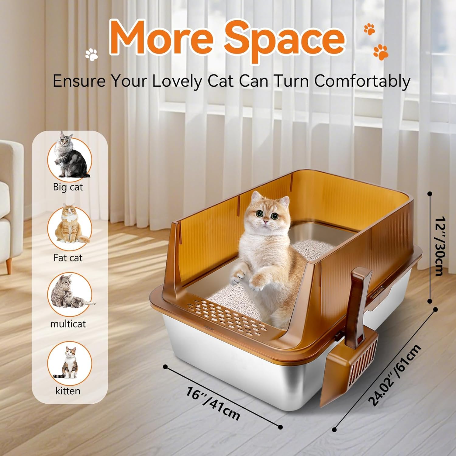 Bartuke Stainless Steel Cat Litter Box, Extra Large Semi Enclosed Litter Box For Big Cats High Sided Metal & Scoop Never Absorbs