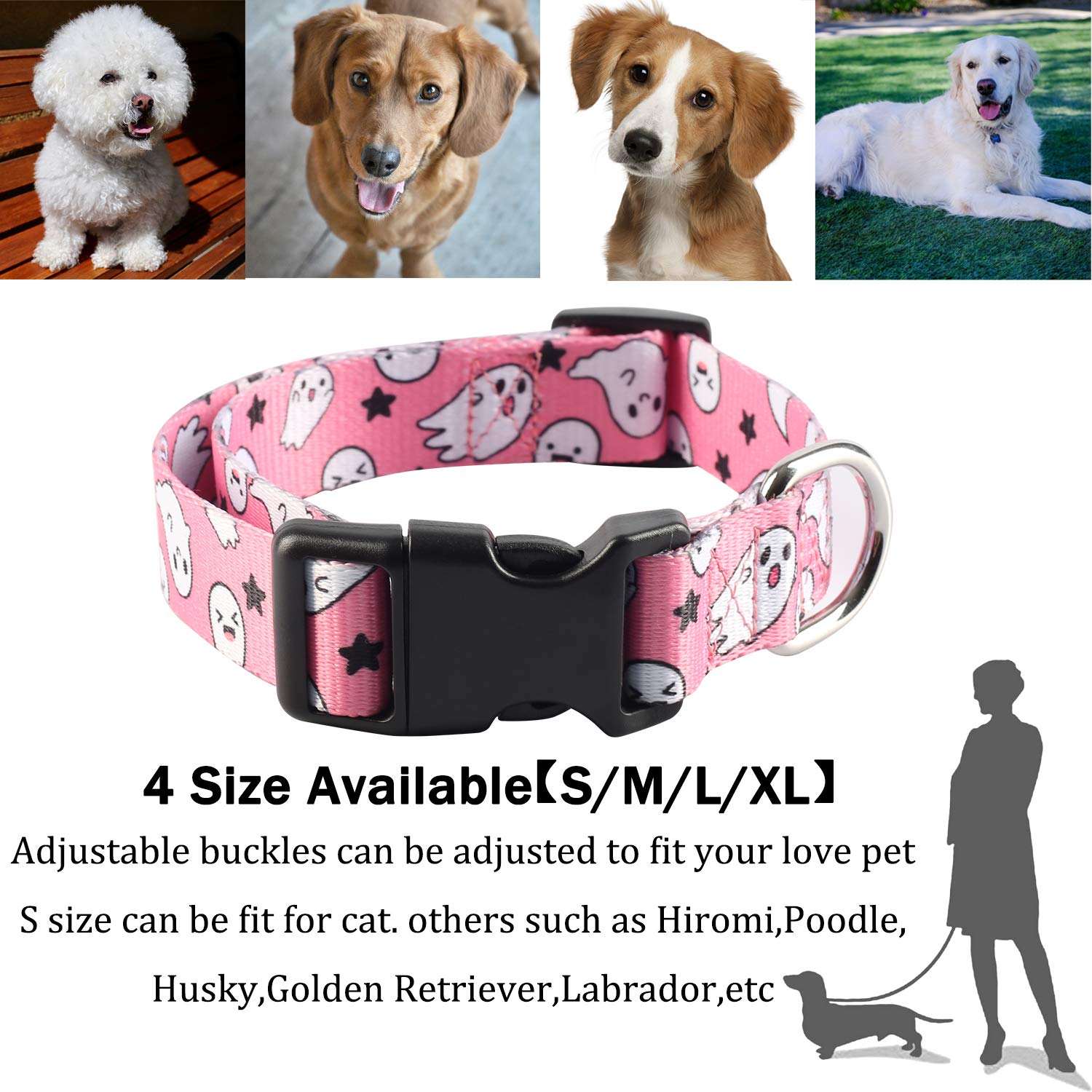Impoosy2Pcs Dog Halloween Collar With Pet Ghost Leash Set Cat Gift Adjustable Dog Cute Collars For Small Medium Large Pets Dogs Cats (X-Lrge, Pink)