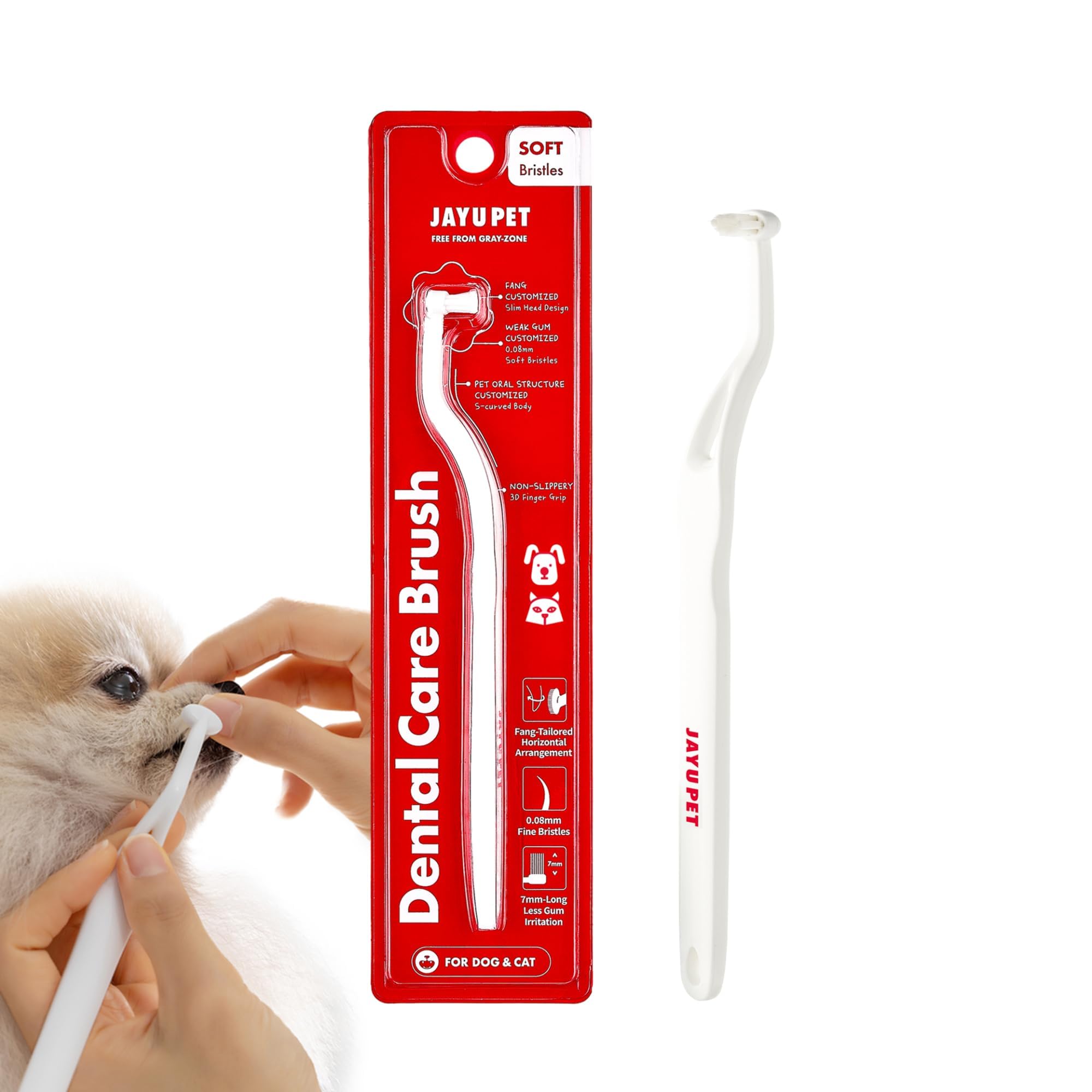 JAYU PET Dental Care Brush (Soft Bristles) 1ea - Toothbrush for Cat and Small Dog with Horizontal Head & Easy Grip Handle