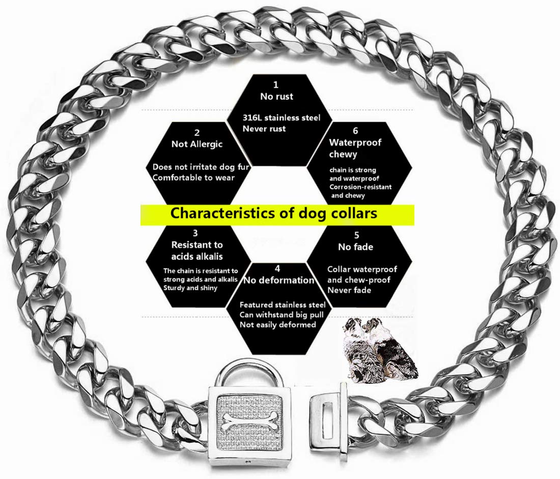 Aiyidi Heavy Pet Dog Collar, Stainless Steel Metal Slip Choker Collar, With Personality Rhinestone Lock, 19Mm Silver Cuban Link Chain,12-26Inch, Water-Proof, Chew-Proof, For Medium & Large Dogs(20'')