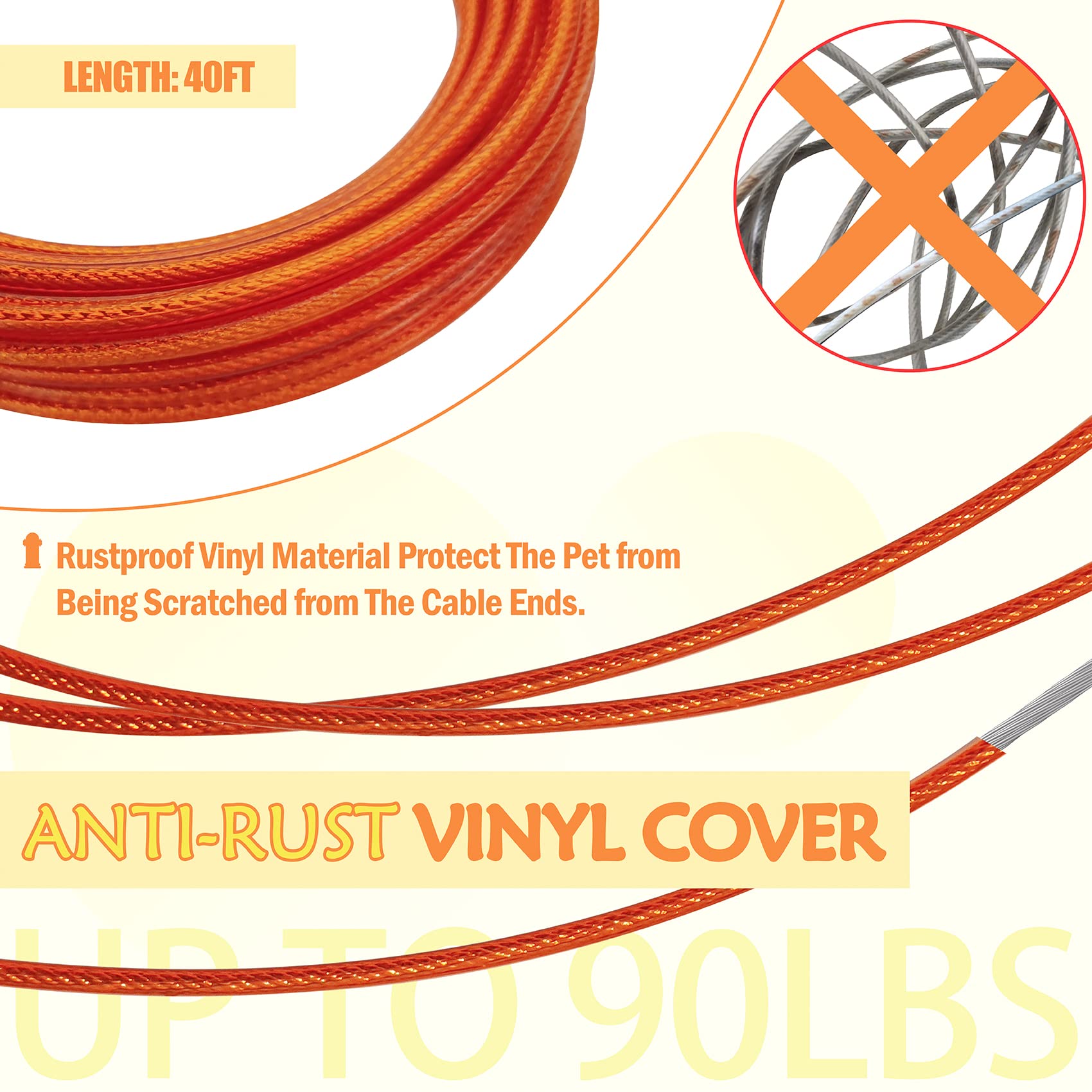 Petest Reflective Tie Out Cable with Crimp Cover for Large Dogs Up to 90 Pounds, 40 Feet