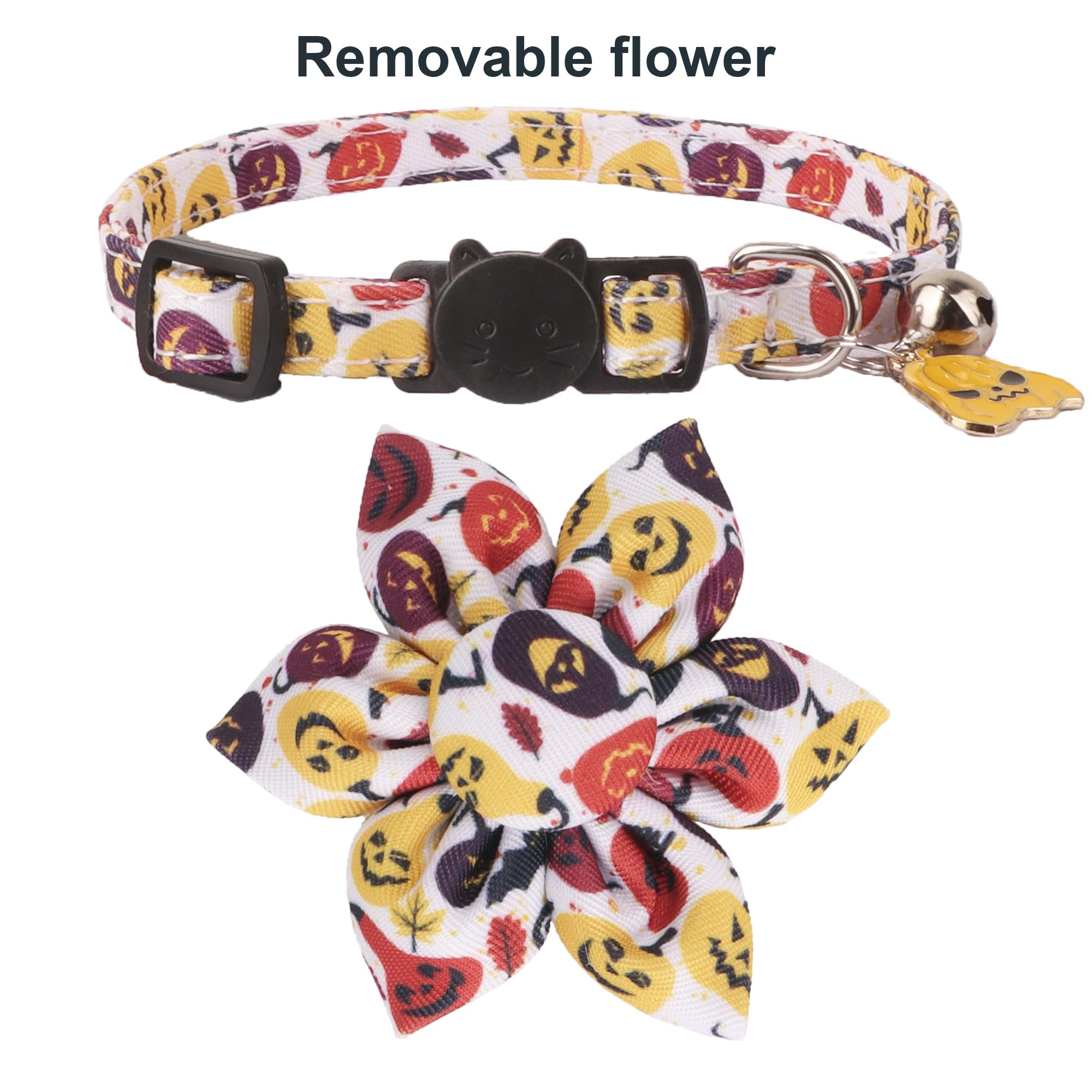 Adoggygo Halloween Cat Collar With Floral, 2 Pack Halloween Kitten Flower Collar, Pink Ghost Pumpkin Collars For Cats Kittens