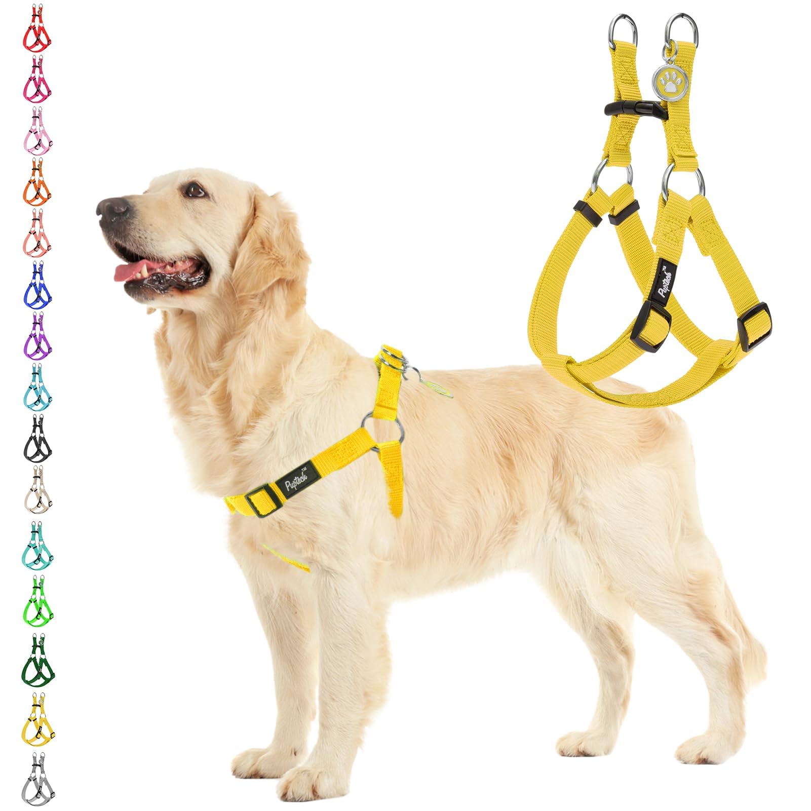 Pupteck No Pull Dog Harness Soft Adjustable Basic Nylon Step In Puppy Vest Outdoor Walking With Id Tag, Yellow, M