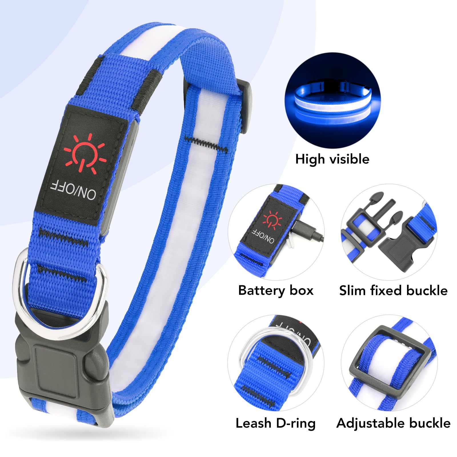 Vizpet Led Dog Collar, Light Up Dog Collar Adjustable Usb Rechargeable Super Bright Safety Light Glowing Collars For Dogs(X-Large,Blue)