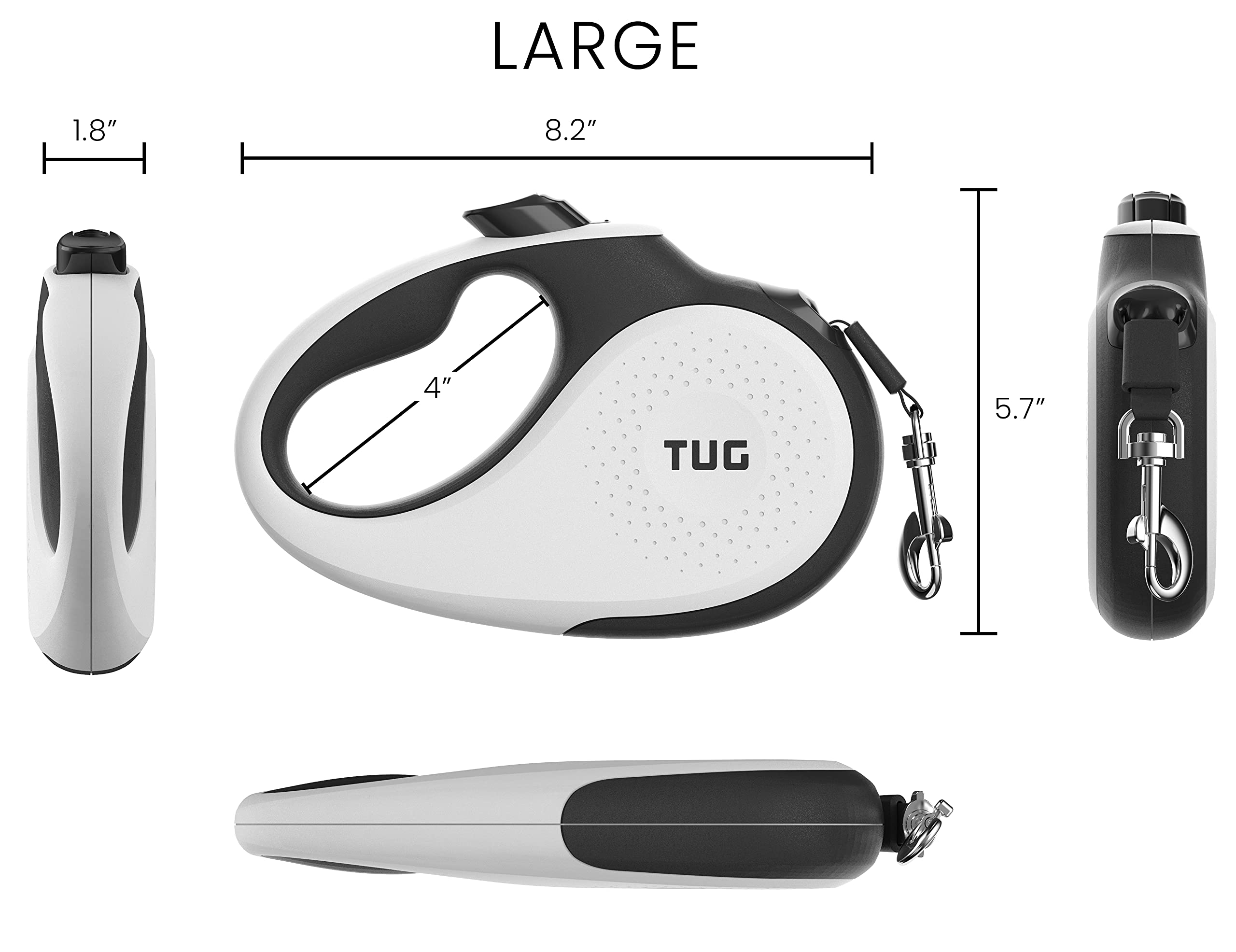 TUG Retractable Dog Leash, 16ft Nylon, Tangle-Free, One-Handed Brake, Large, White