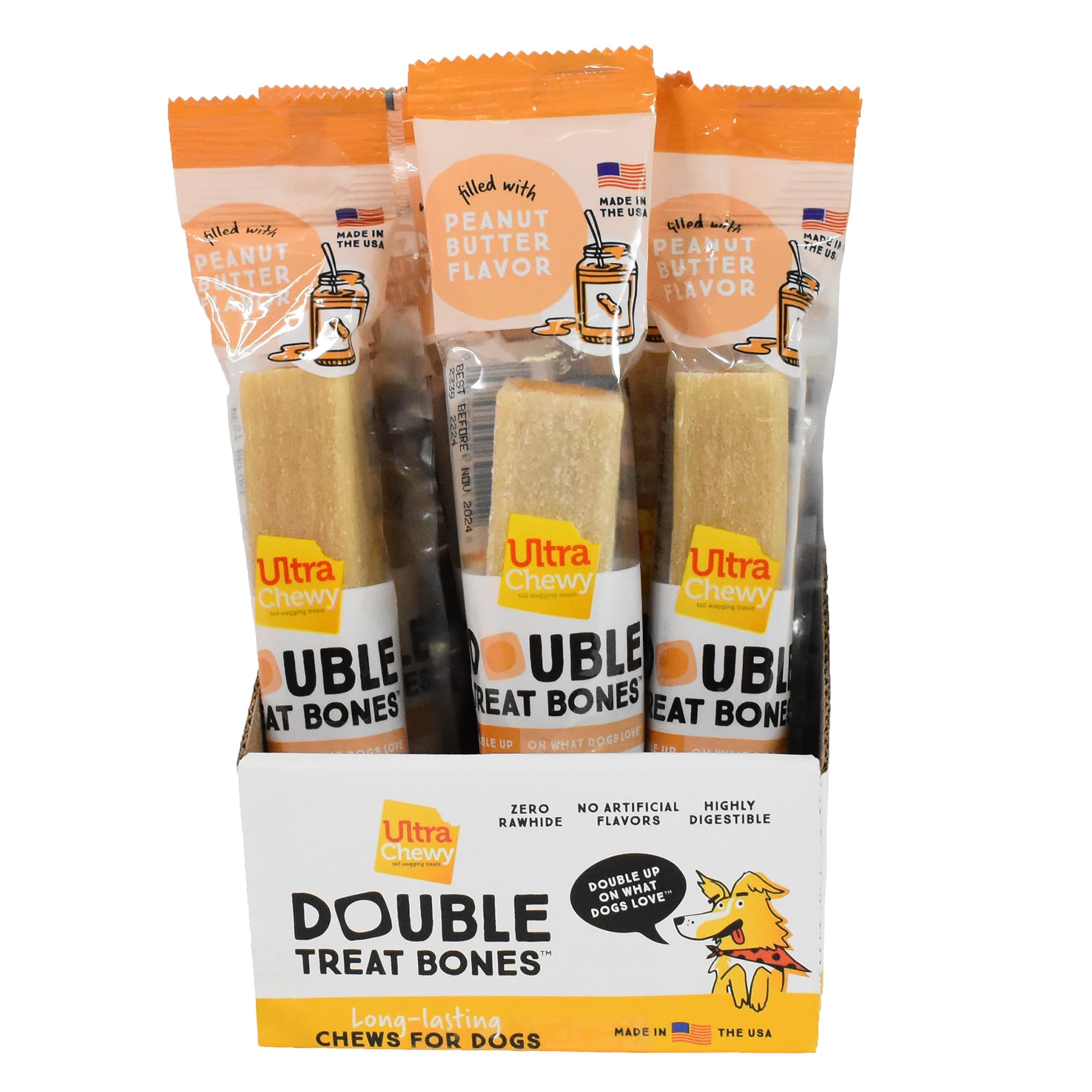 Ultra Chewy Peanut Butter Double Treat Bones: Long-Lasting Dog Treats Made in USA for Large and Small Breeds, Highly Digestible,