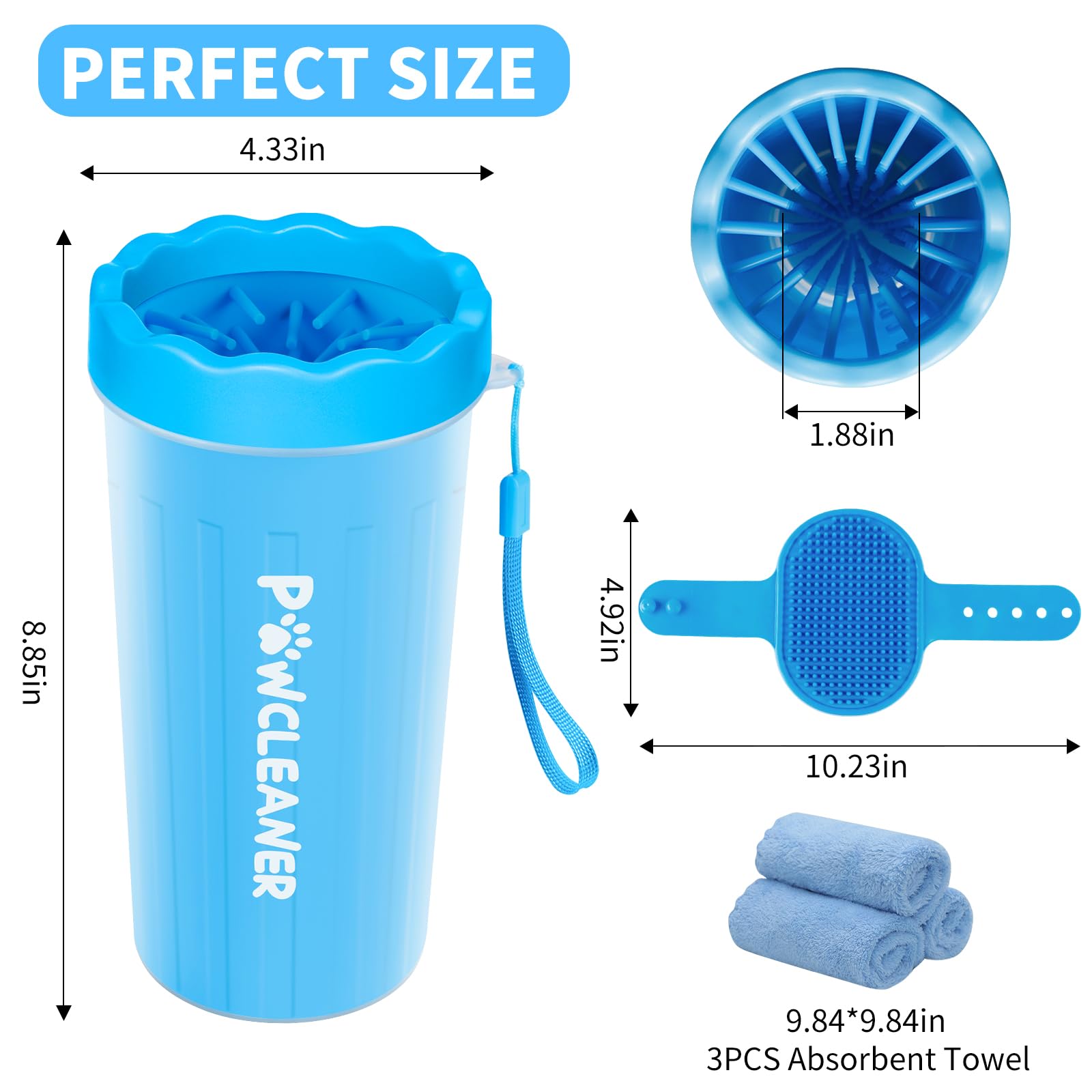Comotech Dog Paw Cleaner With Bath Brush & Absorbent Towels - Adjustable Ring Handle For Long And Short-Haired Dogs (Large, Blue)