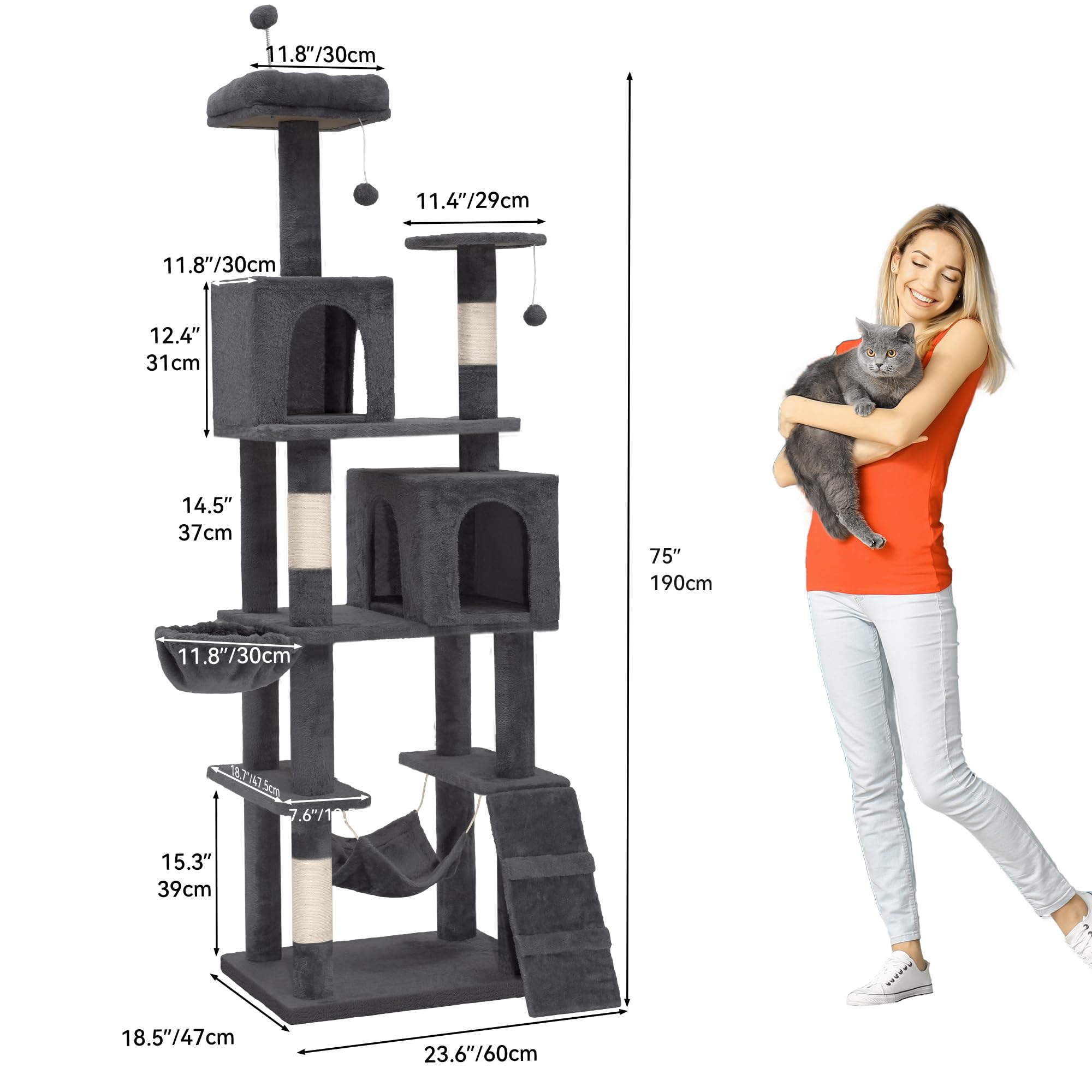 Yitahome 75In Cat Tree Tower For Indoor Cats, Multi-Level Cat Furniture With Scratching Posts, Cat Caves, Padded Perch, Cozy Ham