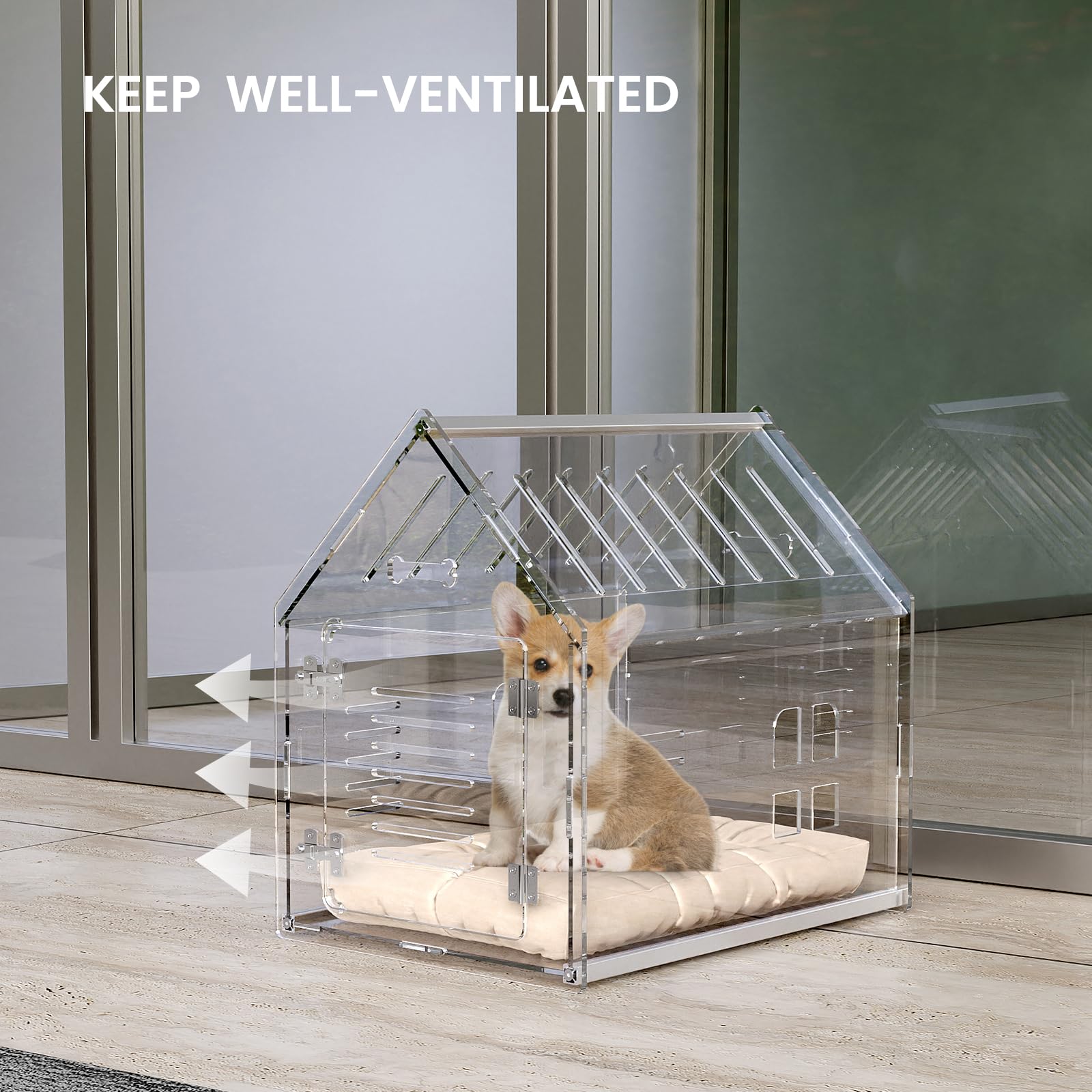 Sumerflos Acrylic Dog House, Clear 24" L x 18" W x 23" H Indoor Kennel, Lockable & Ventilated for Small Dogs and Cats