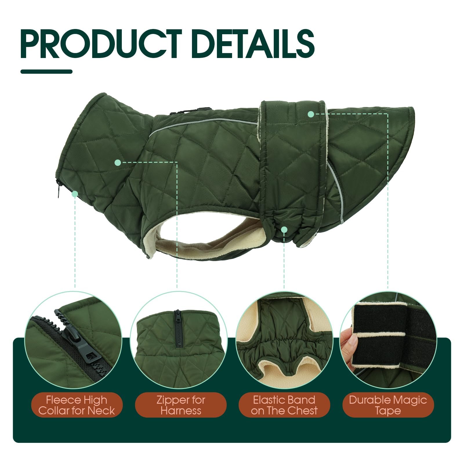 Kuoser Dog Winter Coat, Waterproof Fleece-Lined Snowsuit, Large, Green, Model C118-Kuoser-778MF-1