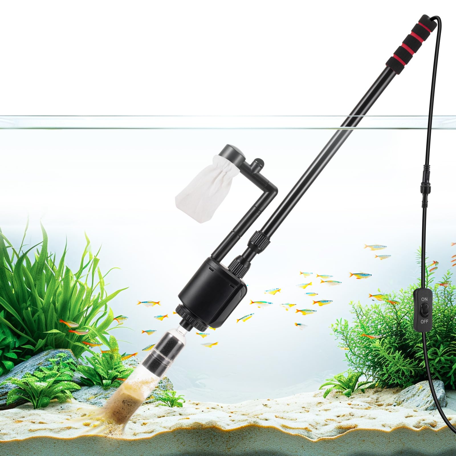 AQQA Electric Aquarium Gravel Cleaner Kit - 6 in 1 Fish Tank Vacuum, 20W 320GPH, Black, Model FUS-AQ013