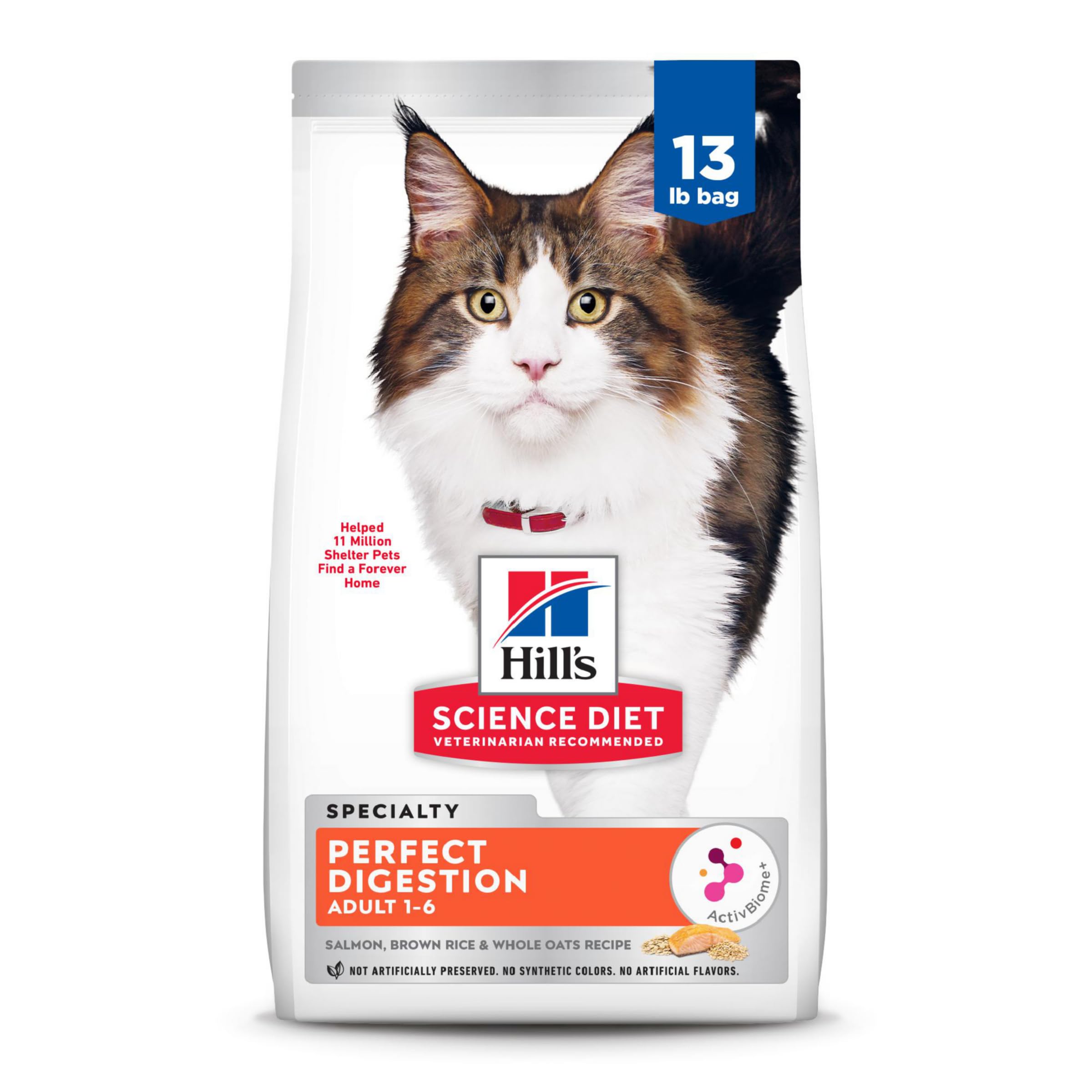 Hills Science Diet Perfect Digestion, Adult 1-6, Digestive Support, Dry Cat Food, Salmon, Brown Rice, & Whole Oats, 13 lb Bag