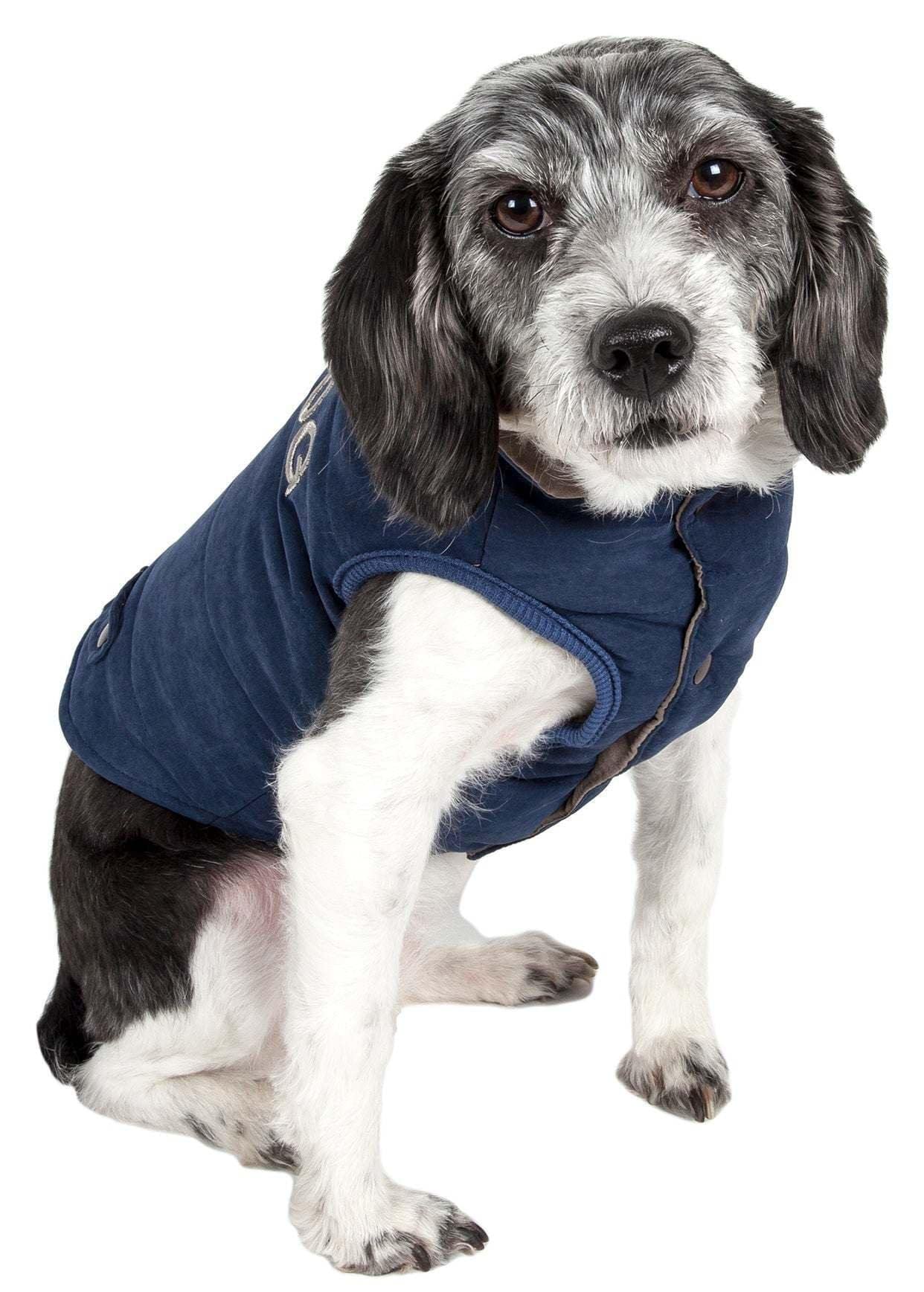 TOUCHDOG 'Waggin Swag' Fashion Designer Reversible 3M Insulated Pet Dog Coat Jacket, Large, Blue / Grey