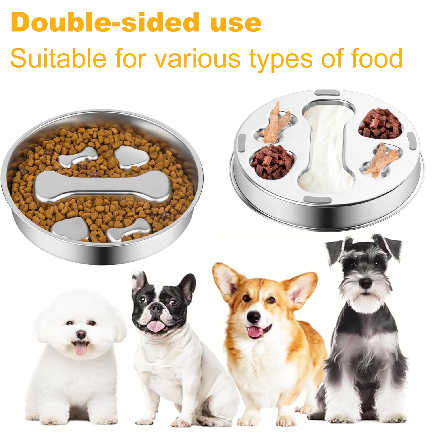 Stainless Steel Slow Feeder Dog Bowls,2 Pcs Slow Food Bowl for Dog & Cat - 2 Cups Capacity,Bone-Shaped Design Pet Food Holder,Me
