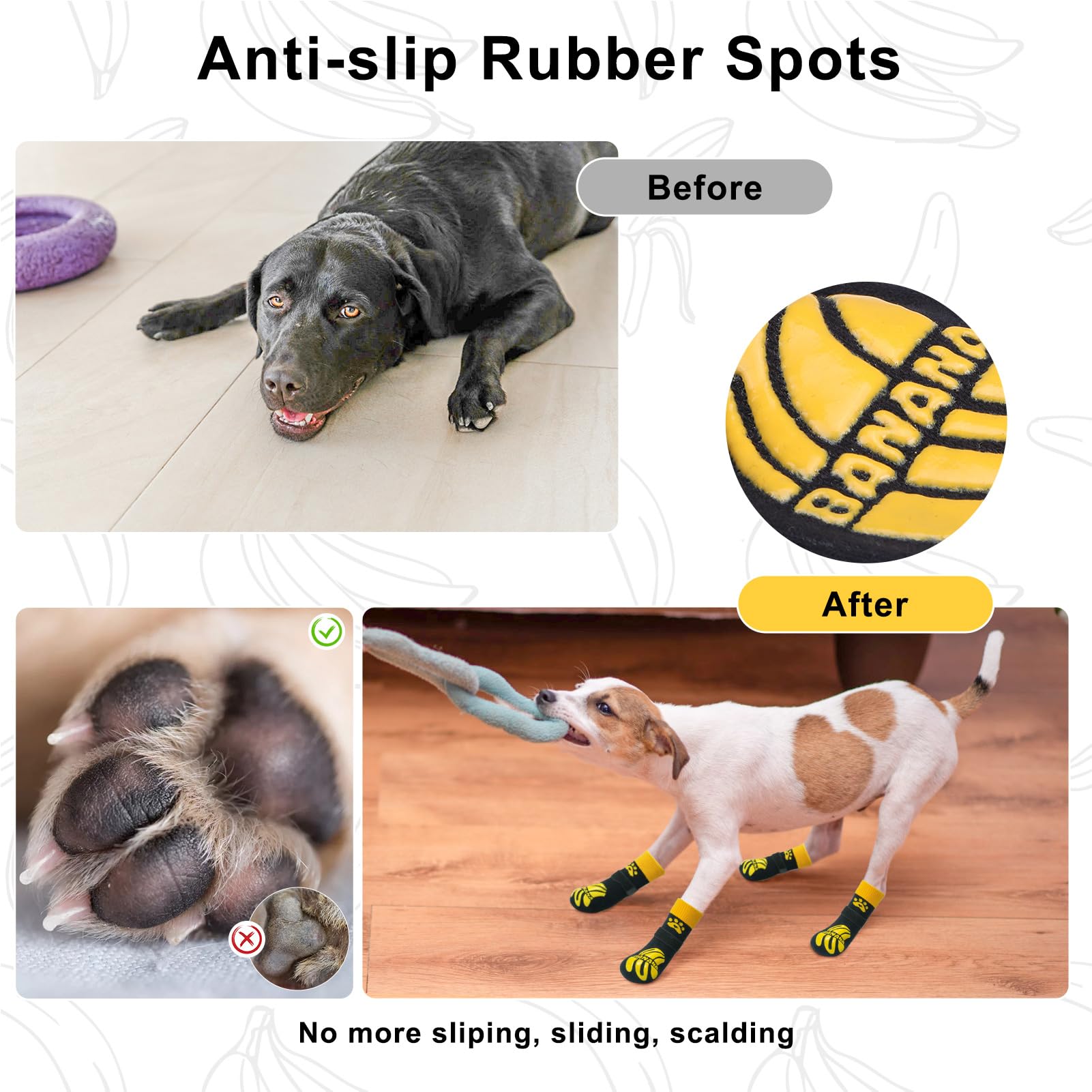 BEAUTYZOO Non-Slip Dog Socks, M Size, Bananas Yellow, Paw Protector for Hot Pavement, Traction on Wood Floors, Pack of 4
