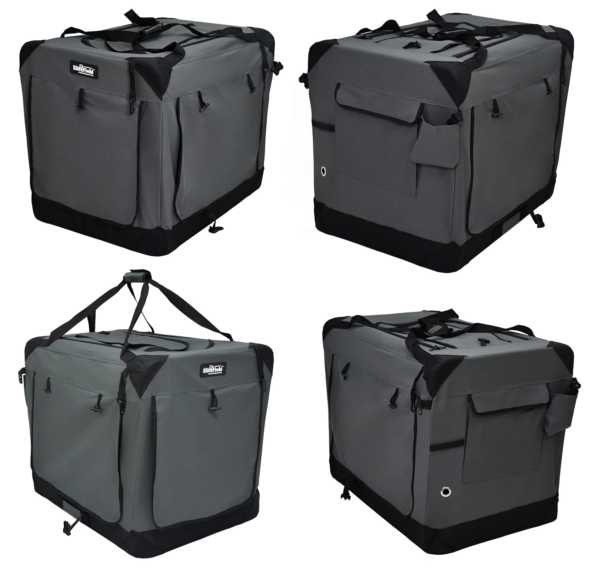 EliteField 4-Door Folding Dog Crate, 24" L x 18" W x 21" H, Fabric & Steel, Gray with Curtains, Indoor & Outdoor Use, Model S