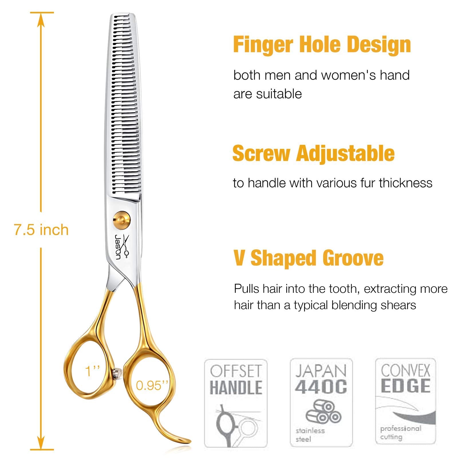JASON 7.5" Thinning Shears for Dogs, 40-Teeth Steel Grooming Scissors, D-7.5" Thinner, Professional Pet Blending Tool