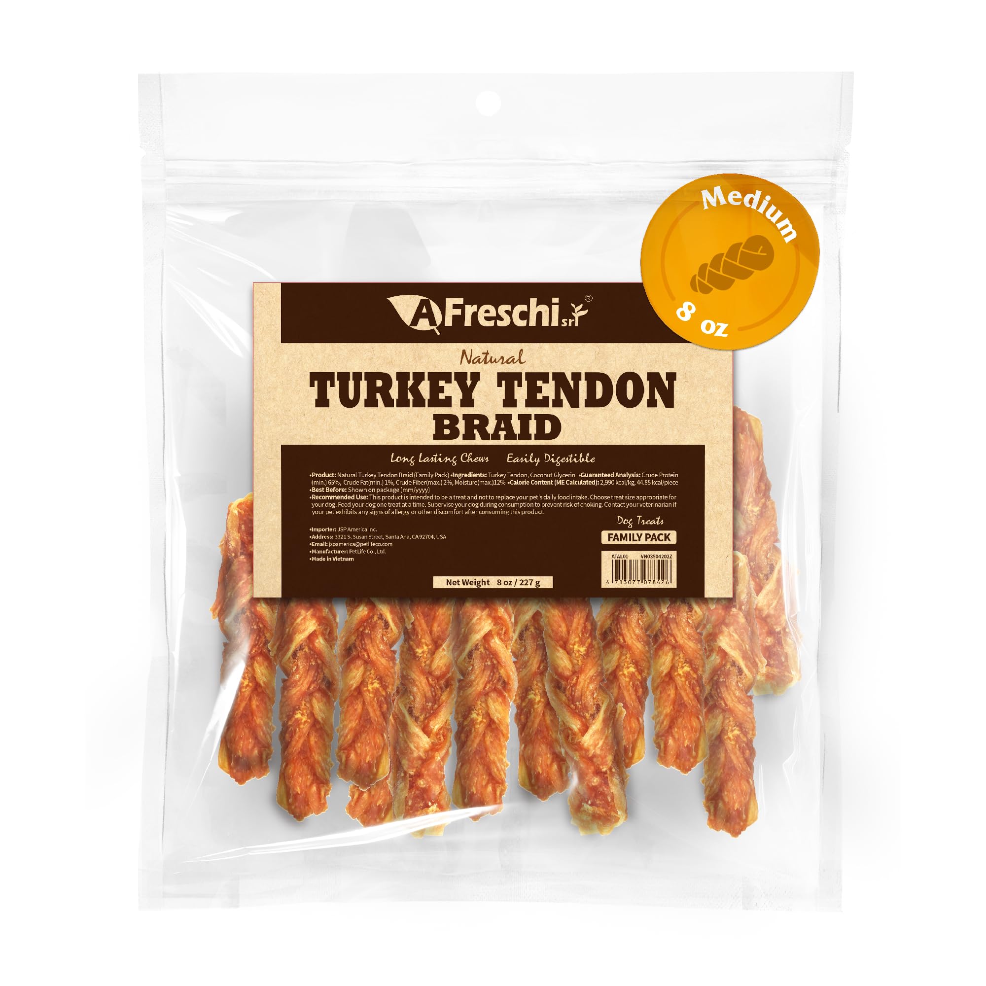 Afreschi Turkey Tendon Dog Treats, 8 oz Braid (for Medium Breeds), Turkey Sourced from USA, All Natural Puppy Chew, Hypoallergen