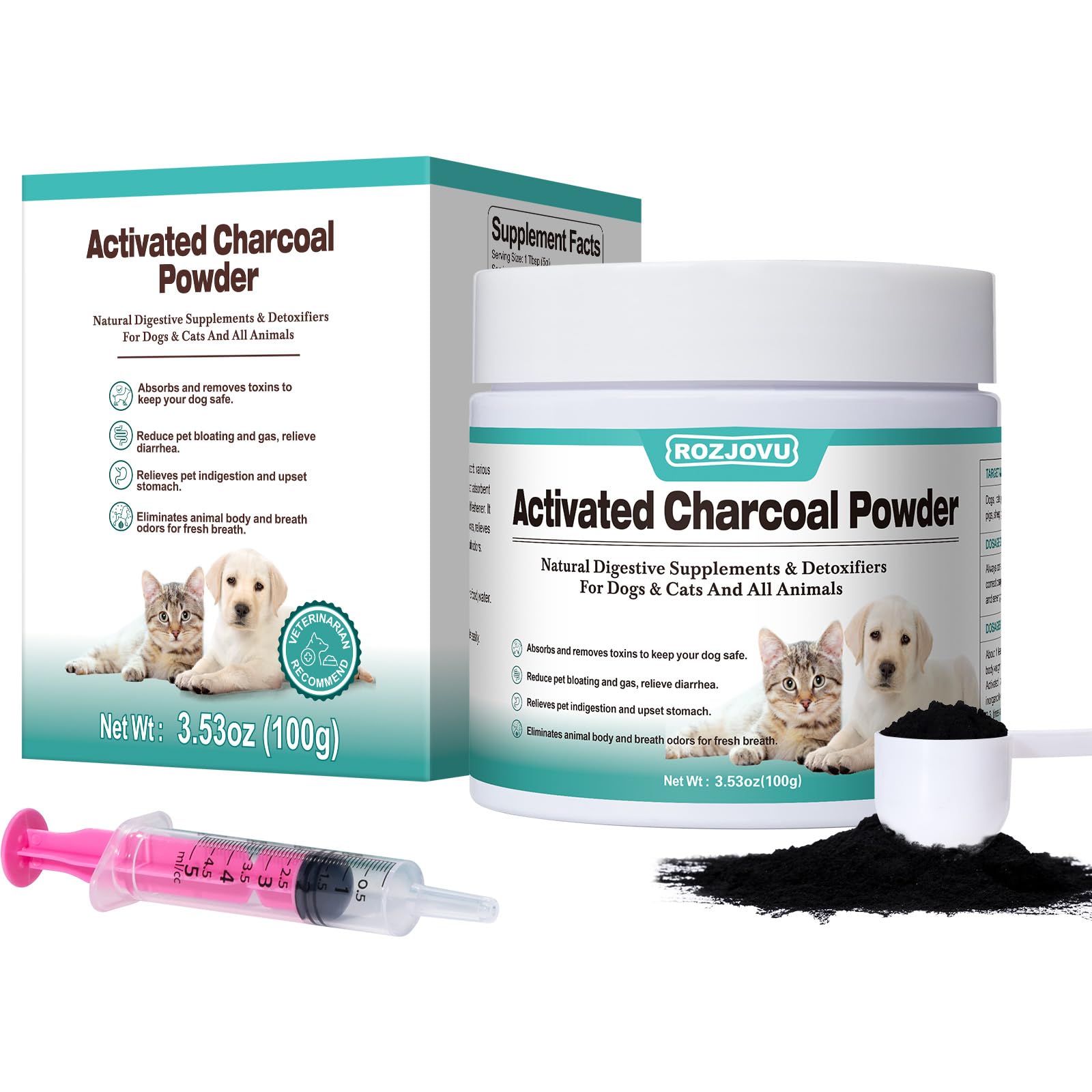 Activated Charcoal for Dogs, Cats, and All Pets, Charcoal for Dogs Poisoning, Digestive Health, Gas & Liver Support, Non-GMO, Gl