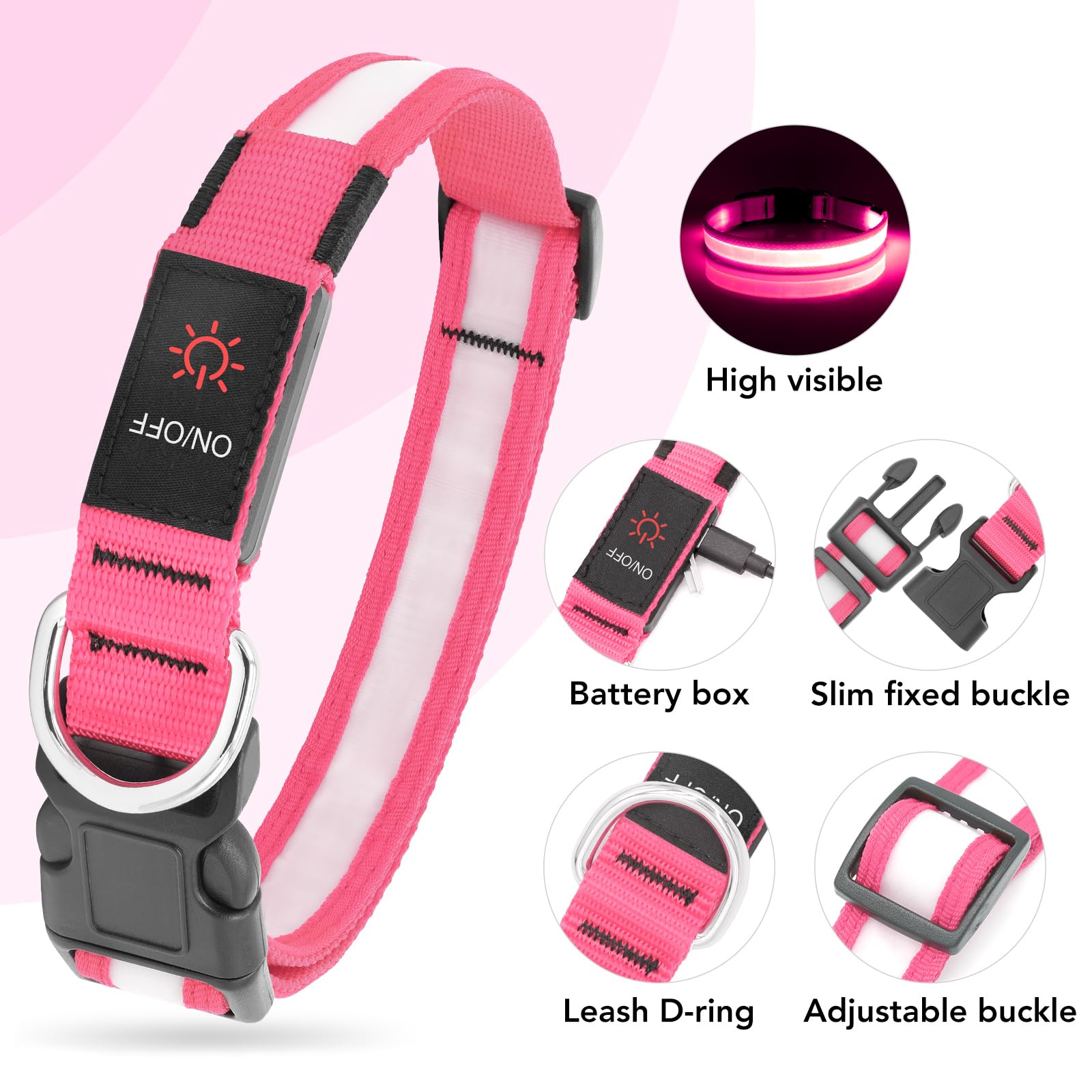 VIZPET LED Dog Collar - Adjustable, USB Rechargeable, Super Bright Safety Light, Small (11.02-15.74 inch), Pink, Model vp-pink-s