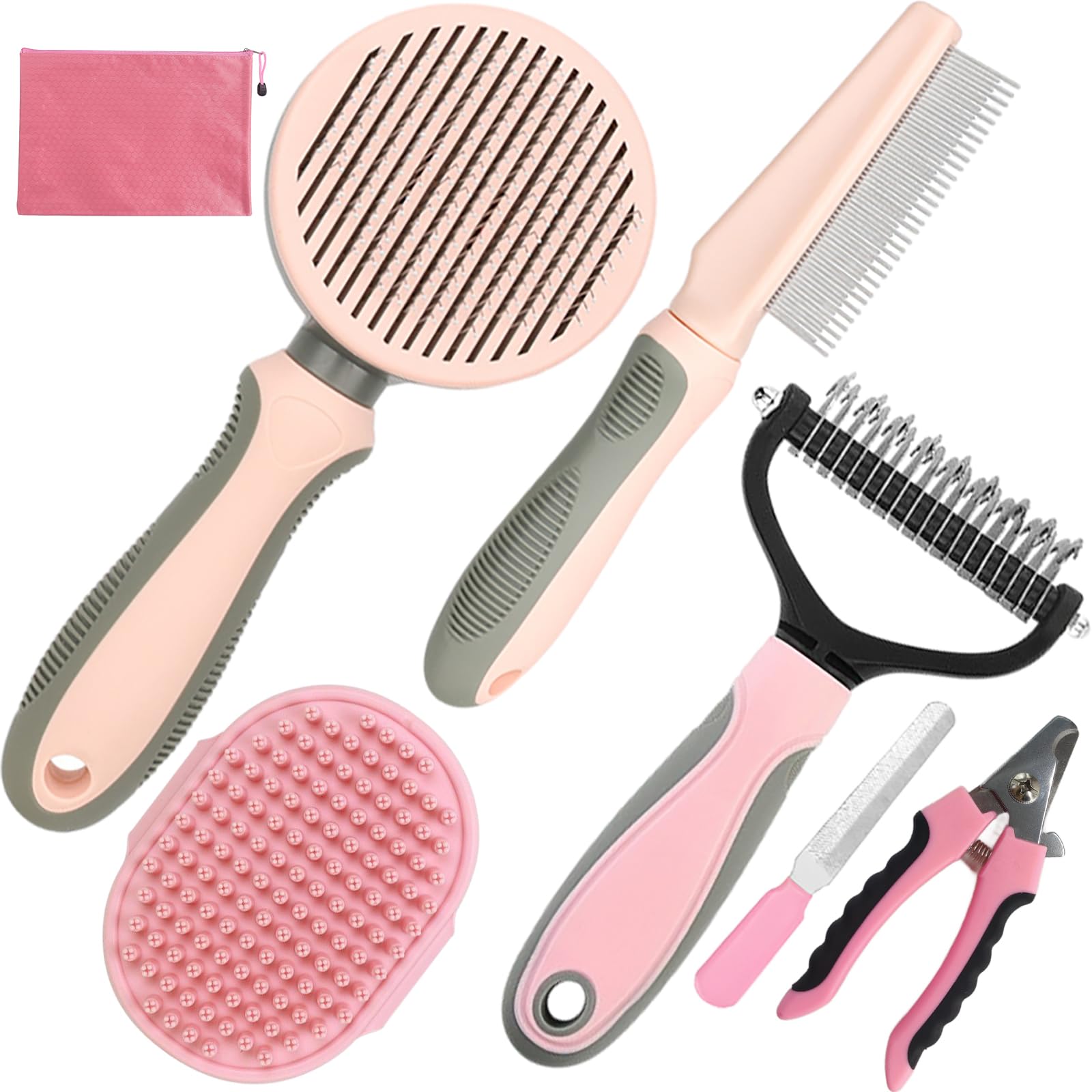 Kueiox Pet Grooming Kit - 7 Pcs Deshedding Brush Set With Slicker, Undercoat Rake, Bath Brush & Nail Clipper For Short & Long Ha
