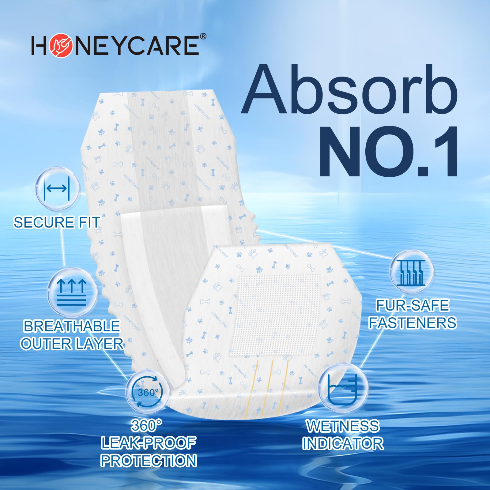 HONEY CARE All-Absorb A25 Male Dog Wraps, Medium, 50 Count, White, Soft Fur Material