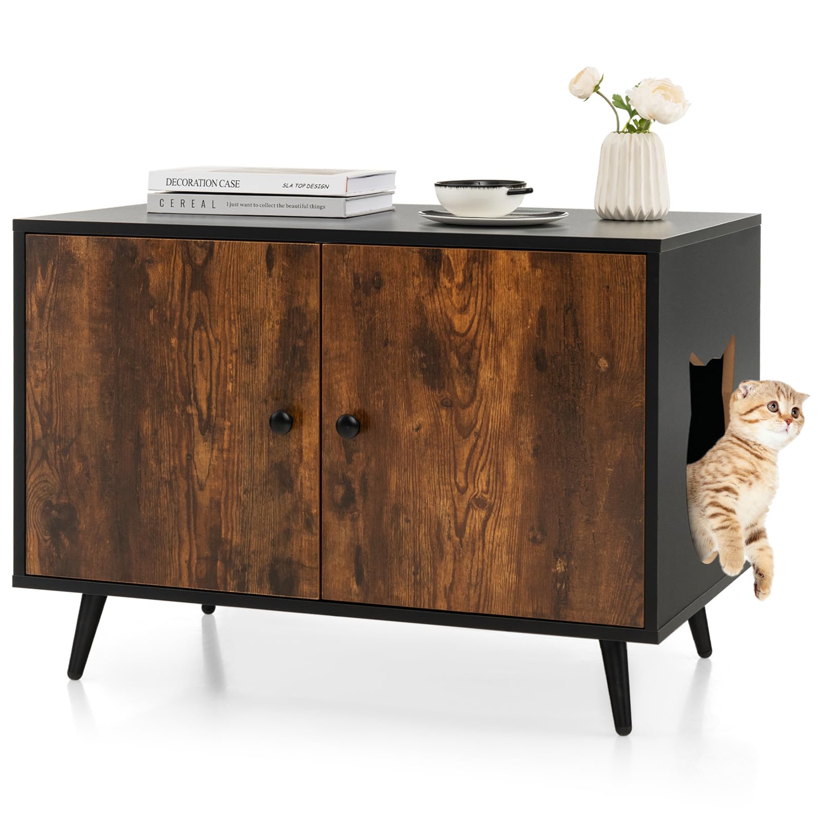 Tangkula Cat Litter Box Enclosure, Hidden Cat Washroom Cabinet with 2 Doors, Divider, Sturdy Metal Legs, Double Cat Litter Box F