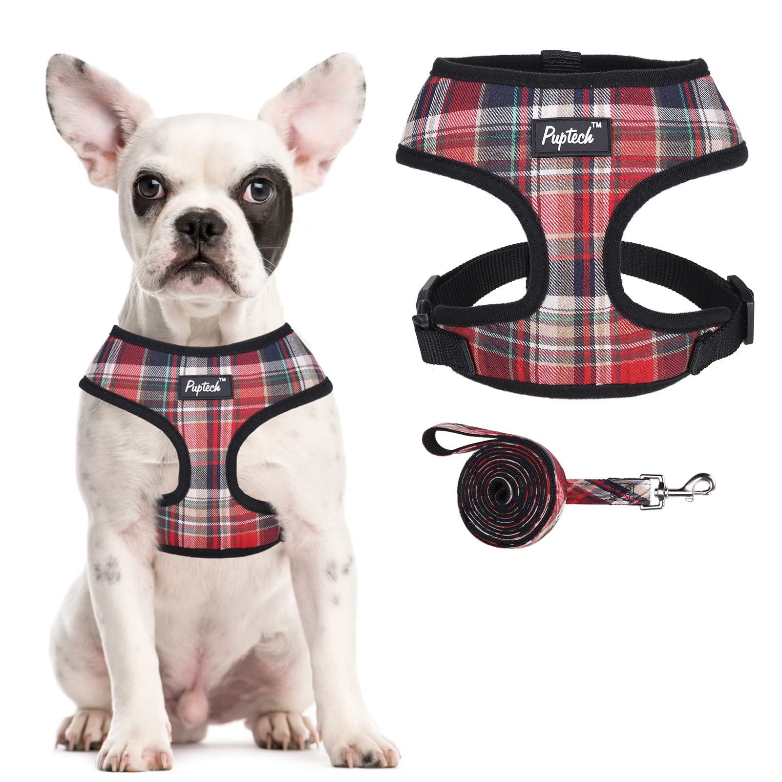 Pupteck Soft Mesh Dog Harness And Leash Set Pet Puppy Cat Comfort Padded Vest No Pull Harnesses, Red Mixed, M