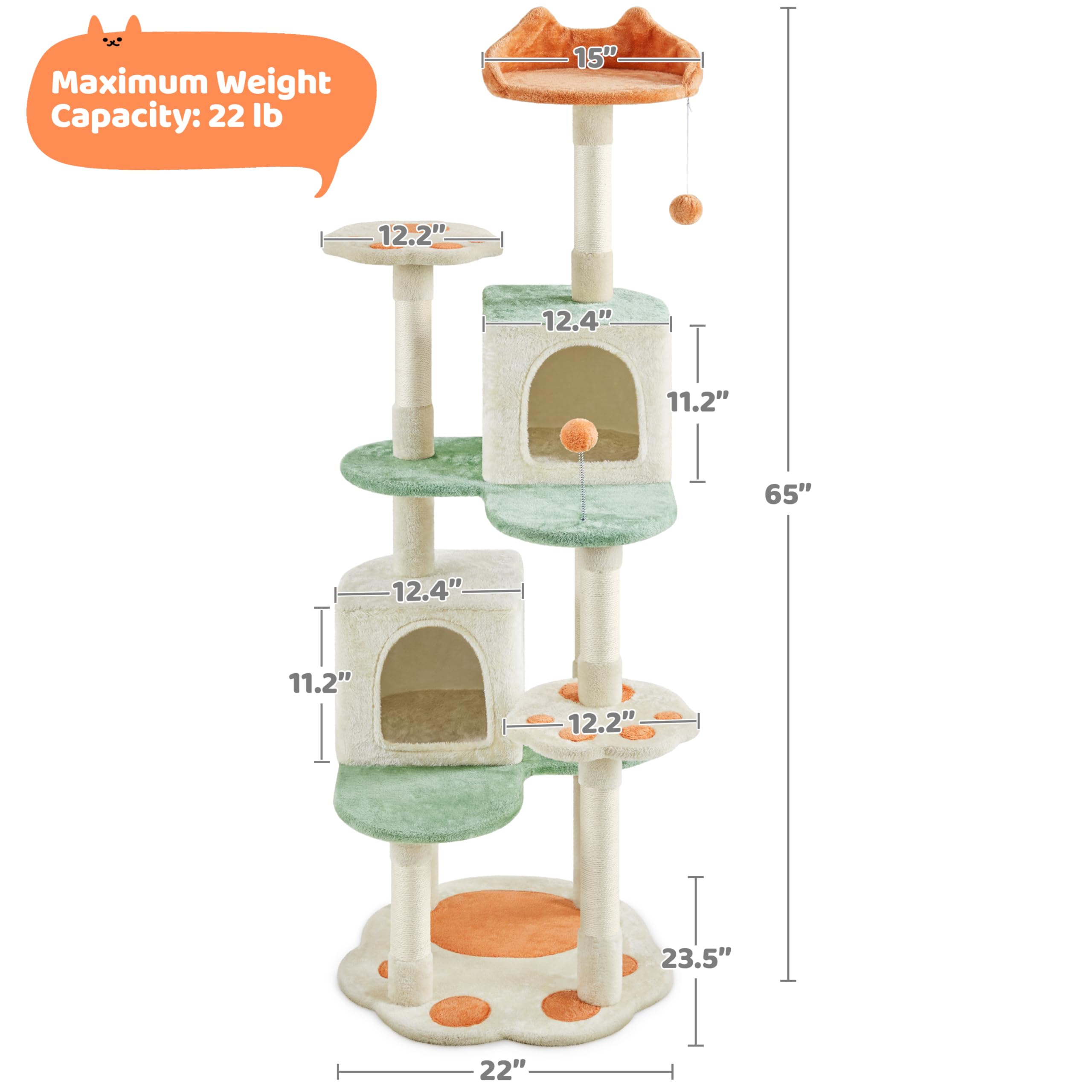 Yaheetech 65in Cat Tree, Cat Tower with Heart-Shaped Platform, Hanging Ball, Double Condos, Scratching Posts for Indoor Cats, Ca