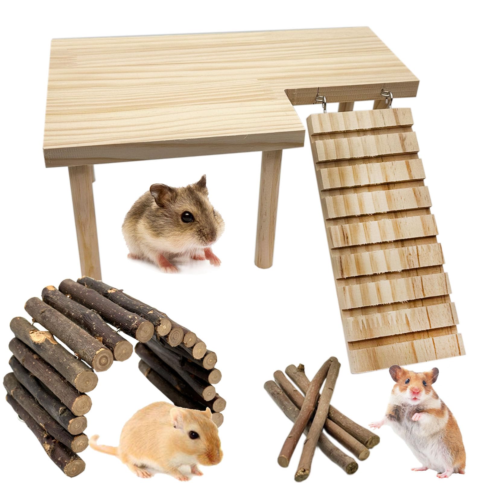 Niwaes Wooden Hamster Platform With Legs, Small Syrian Hamsters Climbing Platforms With Ramp Kit Wood Ladder Bridge Rat Playing 