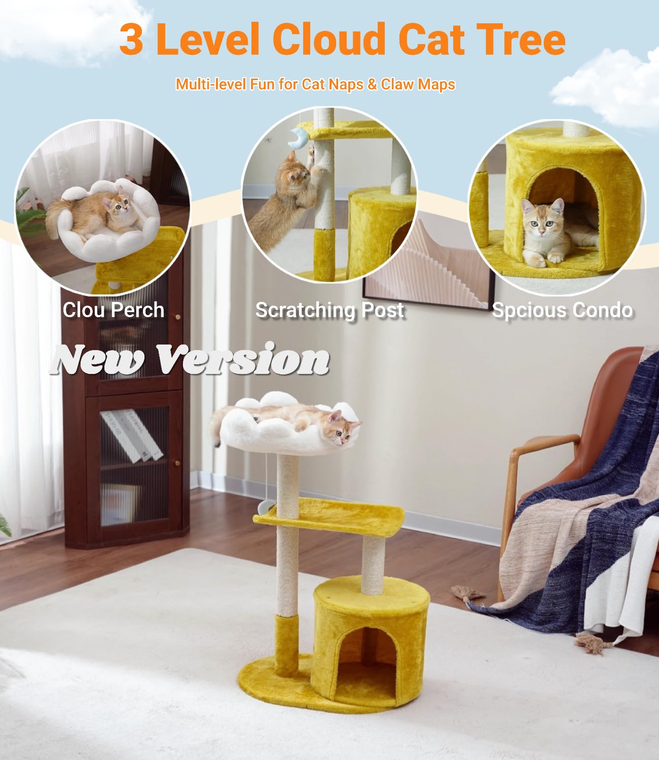 Happi N Pets Cat Tree, 33 Multi-Level Cloud Cat Tree Tower with Cozy Padded Bed & Large Condo for All Sized Cats, Featuring Scra